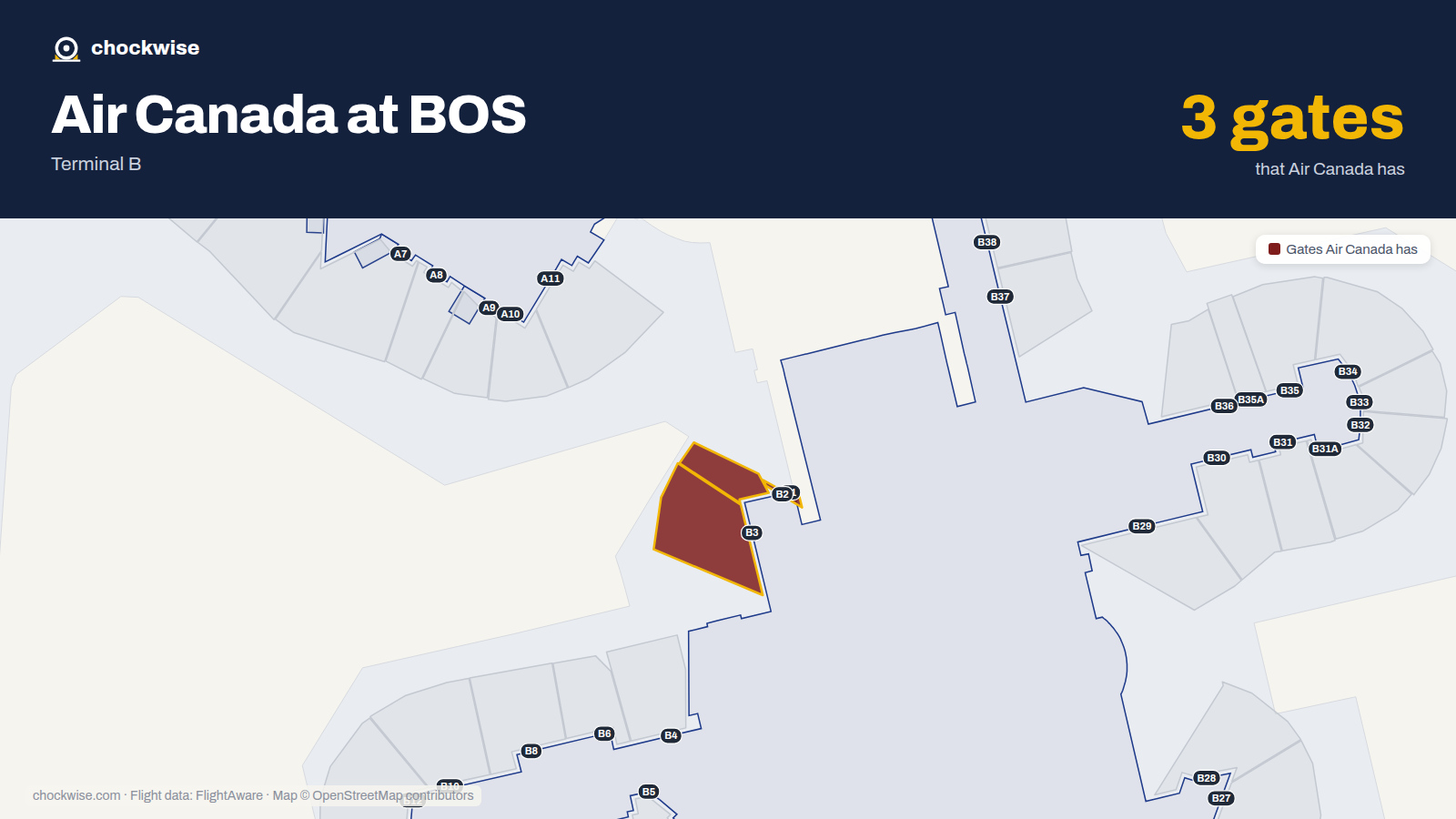 Map of BOS with the gates Air Canada uses highlighted: B1, B2 and B3.