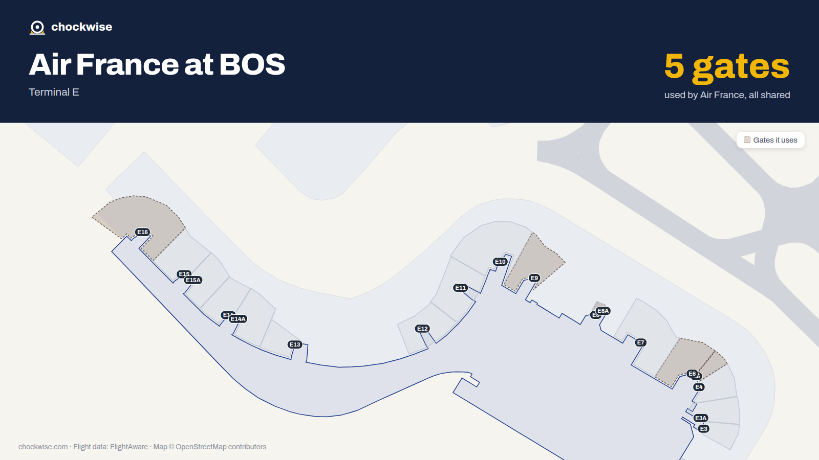 Map of BOS with the gates Air France uses highlighted: E5, E6, E8, E9 and E16.