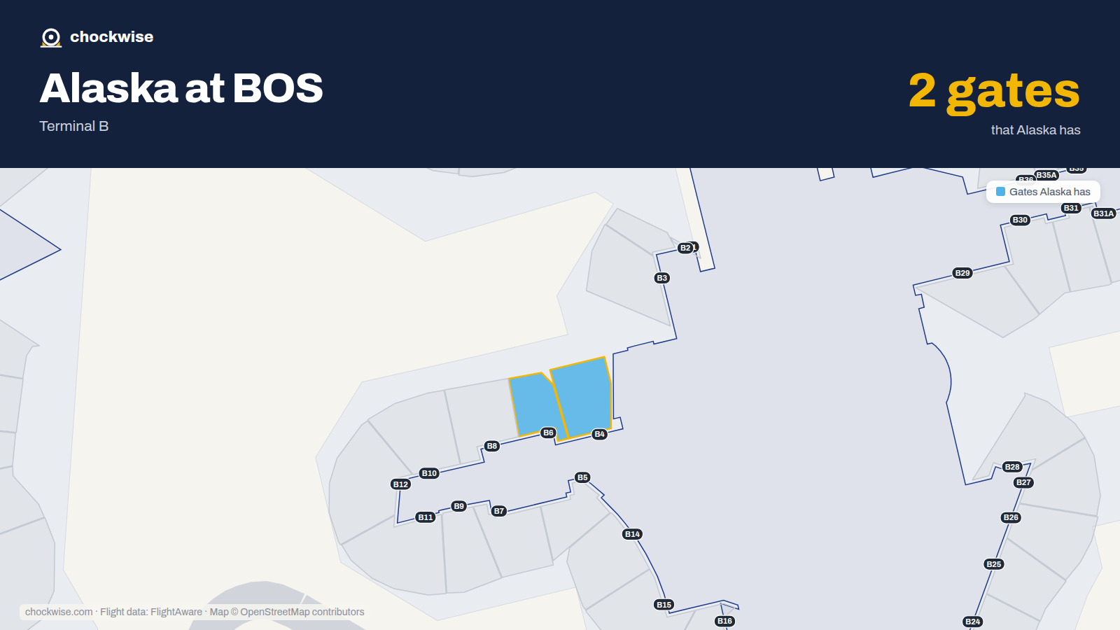 Map of BOS with the gates Alaska Airlines uses highlighted: B4 and B6.