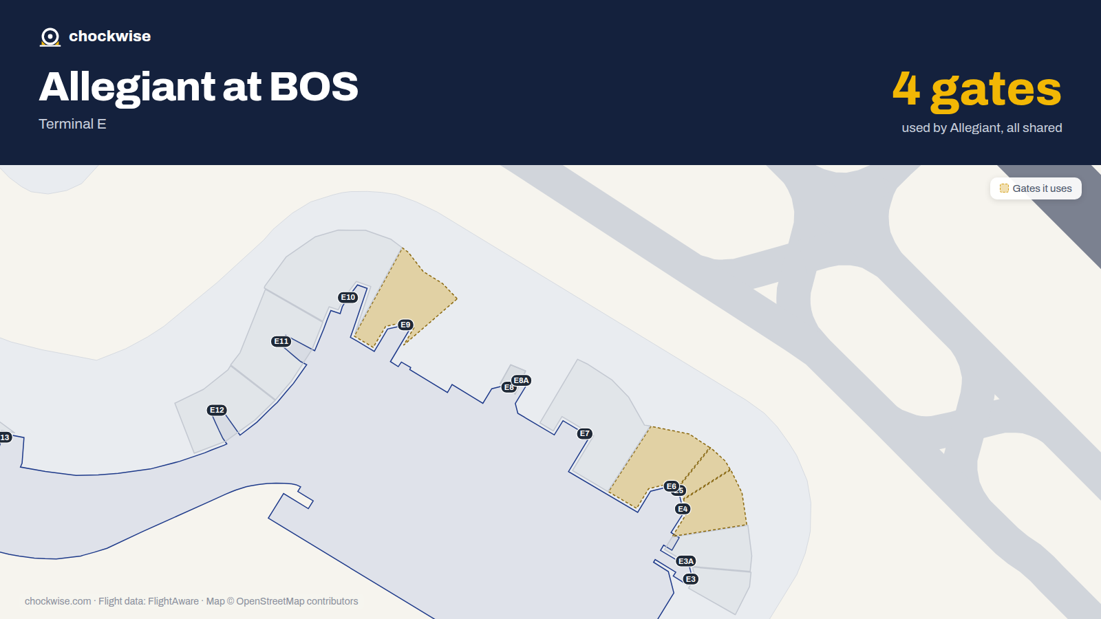 Map of BOS with the gates Allegiant Air uses highlighted: E4, E5, E6 and E9.