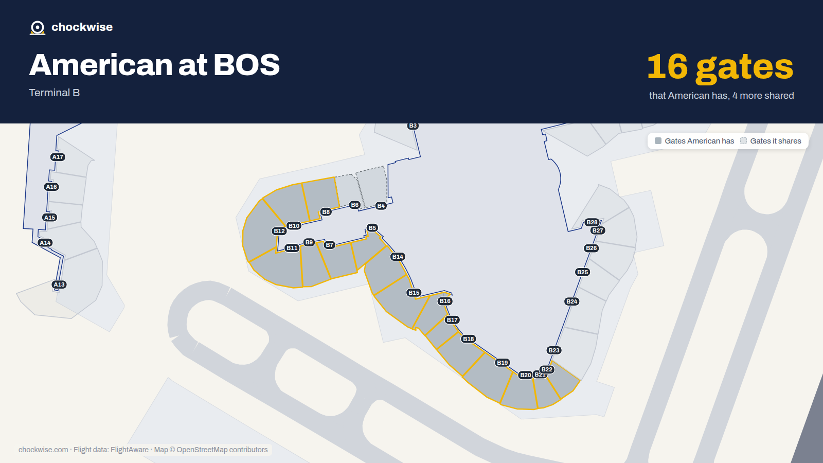 Map of BOS with the gates American Airlines uses highlighted: B5, B7, B8, B9, B10, B11, B12, B14 and 8 more.