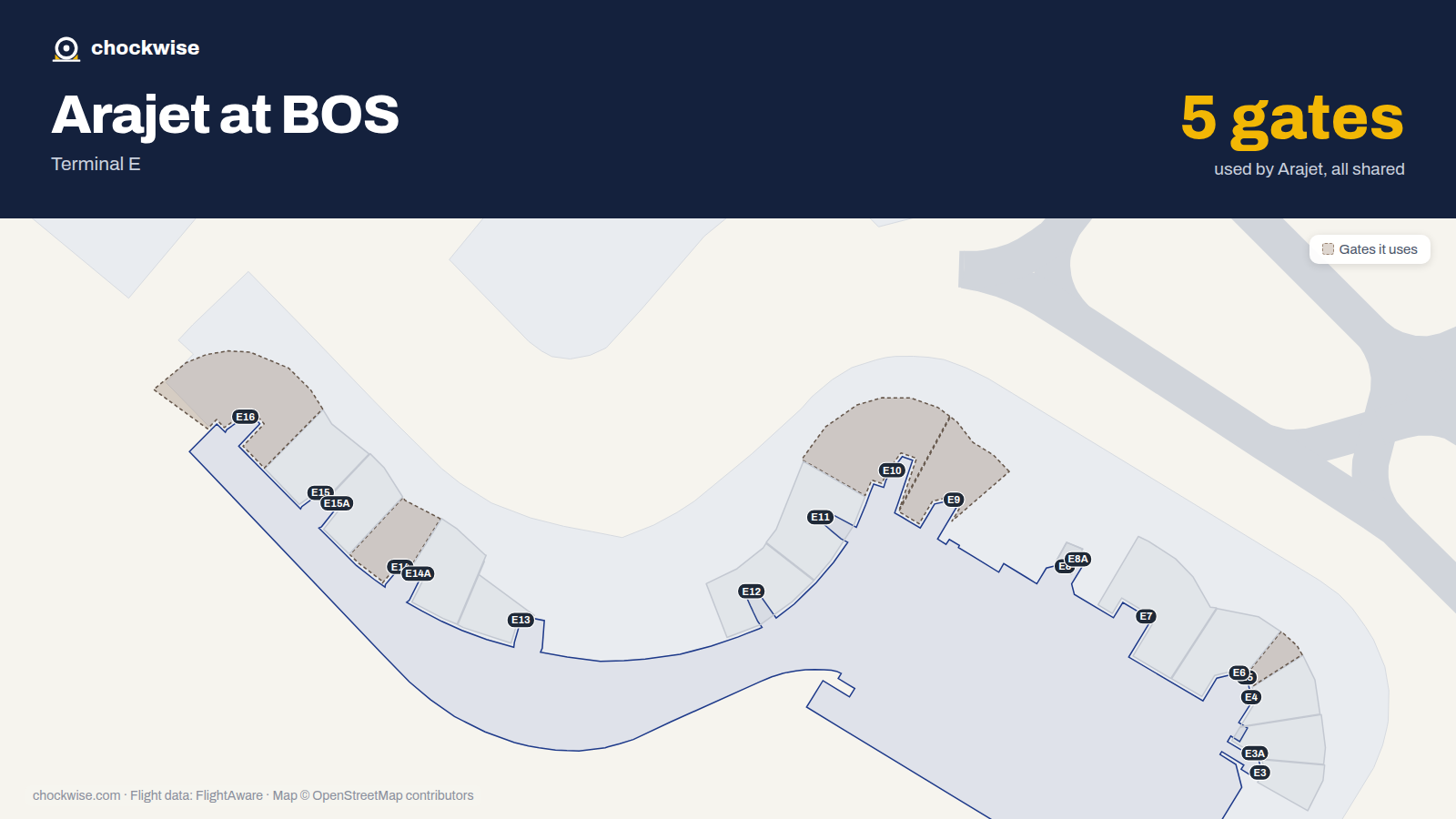 Map of BOS with the gates Arajet uses highlighted: E5, E9, E10, E14 and E16.