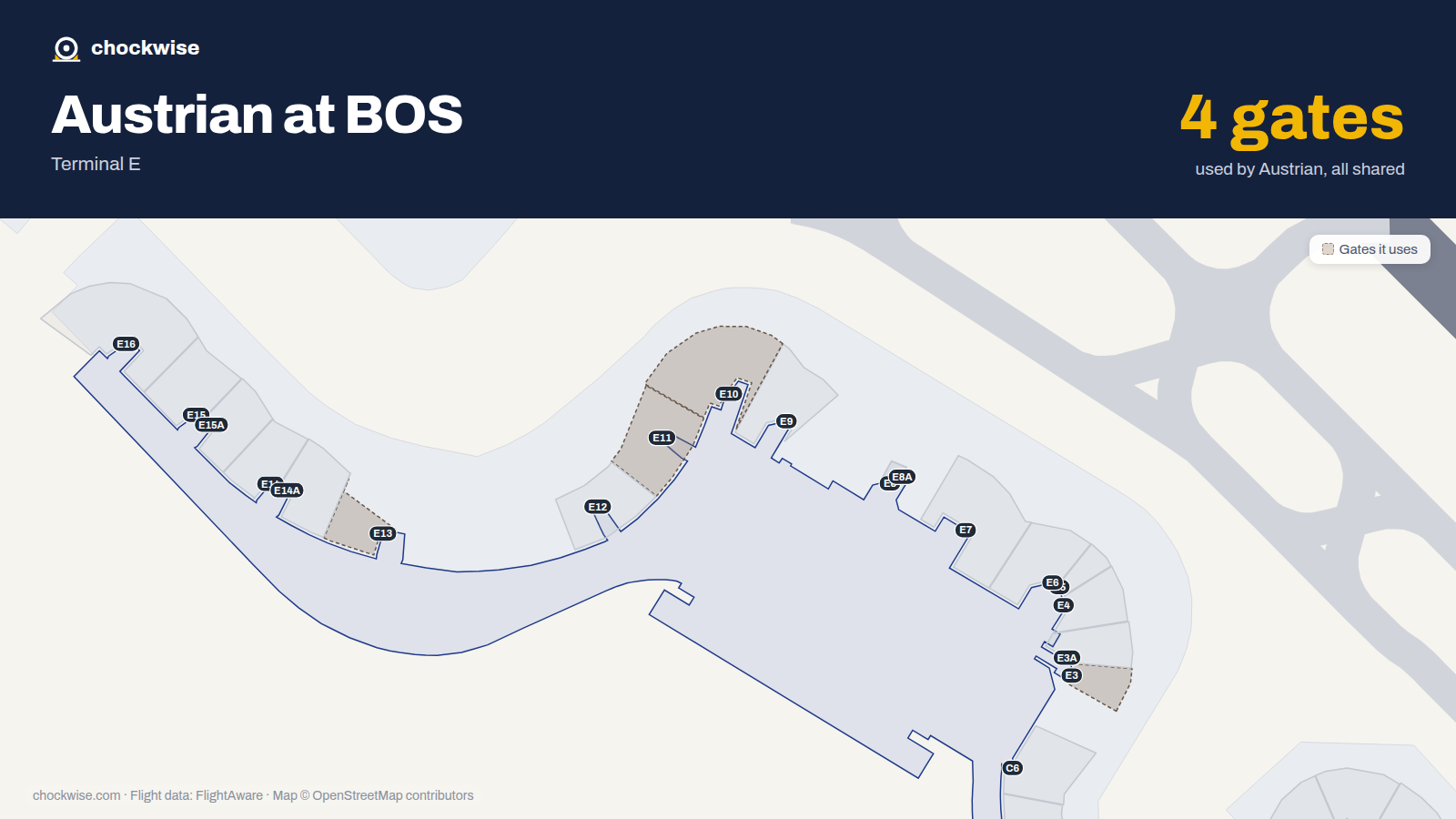 Map of BOS with the gates Austrian Airlines uses highlighted: E3, E10, E11 and E13.