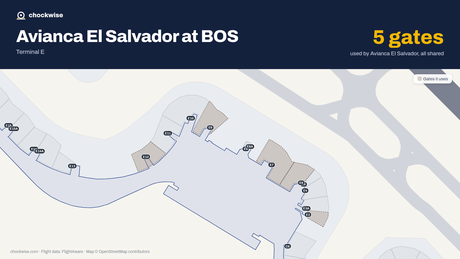 Map of BOS with the gates Avianca El Salvador uses highlighted: E3, E6, E7, E9 and E12.