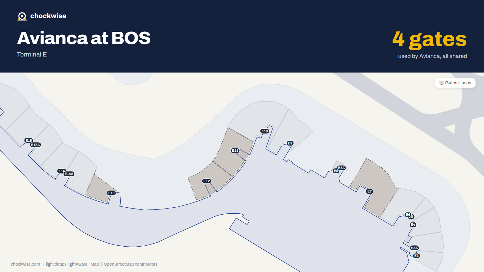 Map of BOS with the gates Avianca uses highlighted: E7, E11, E12 and E13.