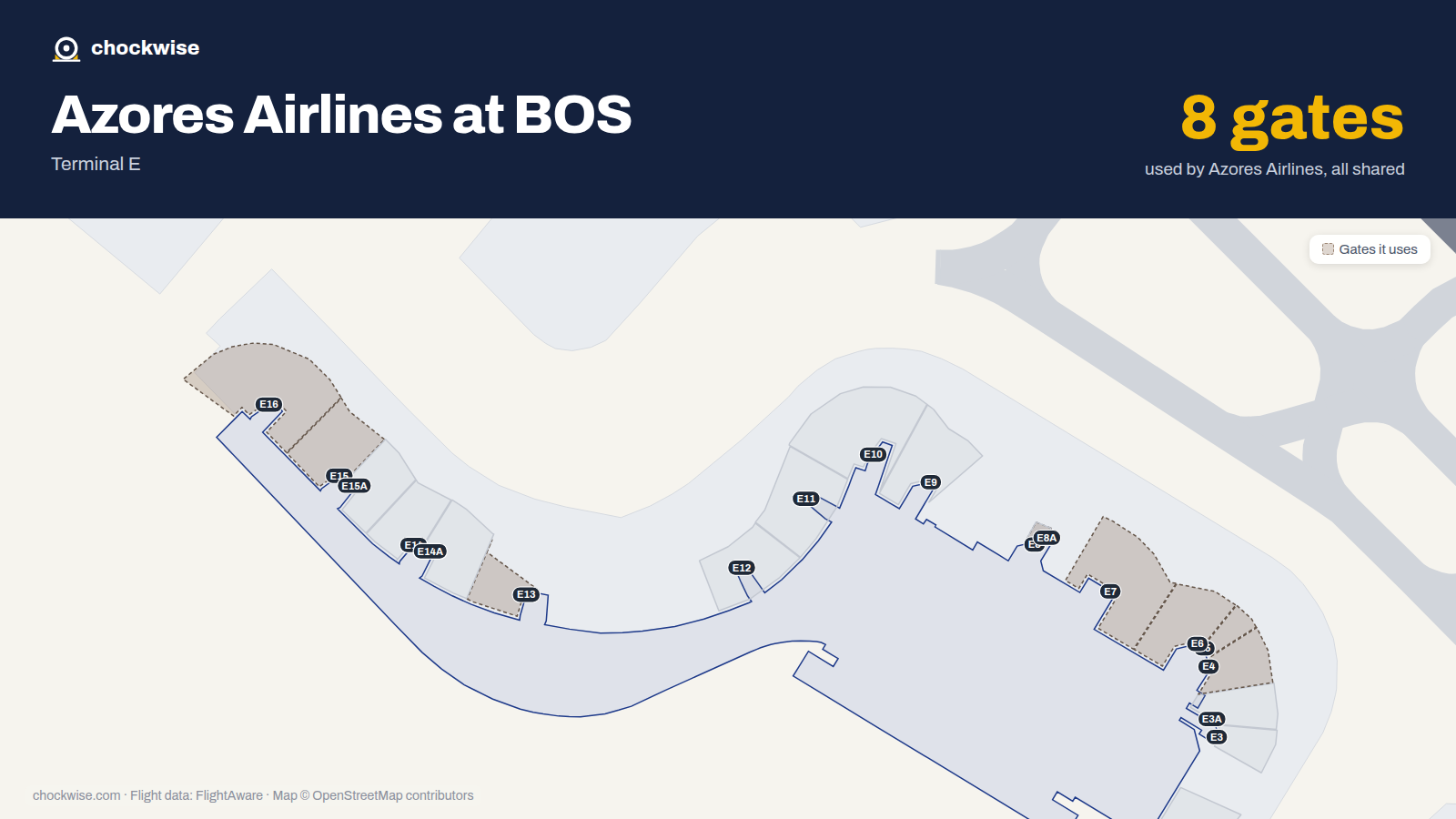 Map of BOS with the gates Azores Airlines uses highlighted: E4, E5, E6, E7, E8, E13, E15 and E16.