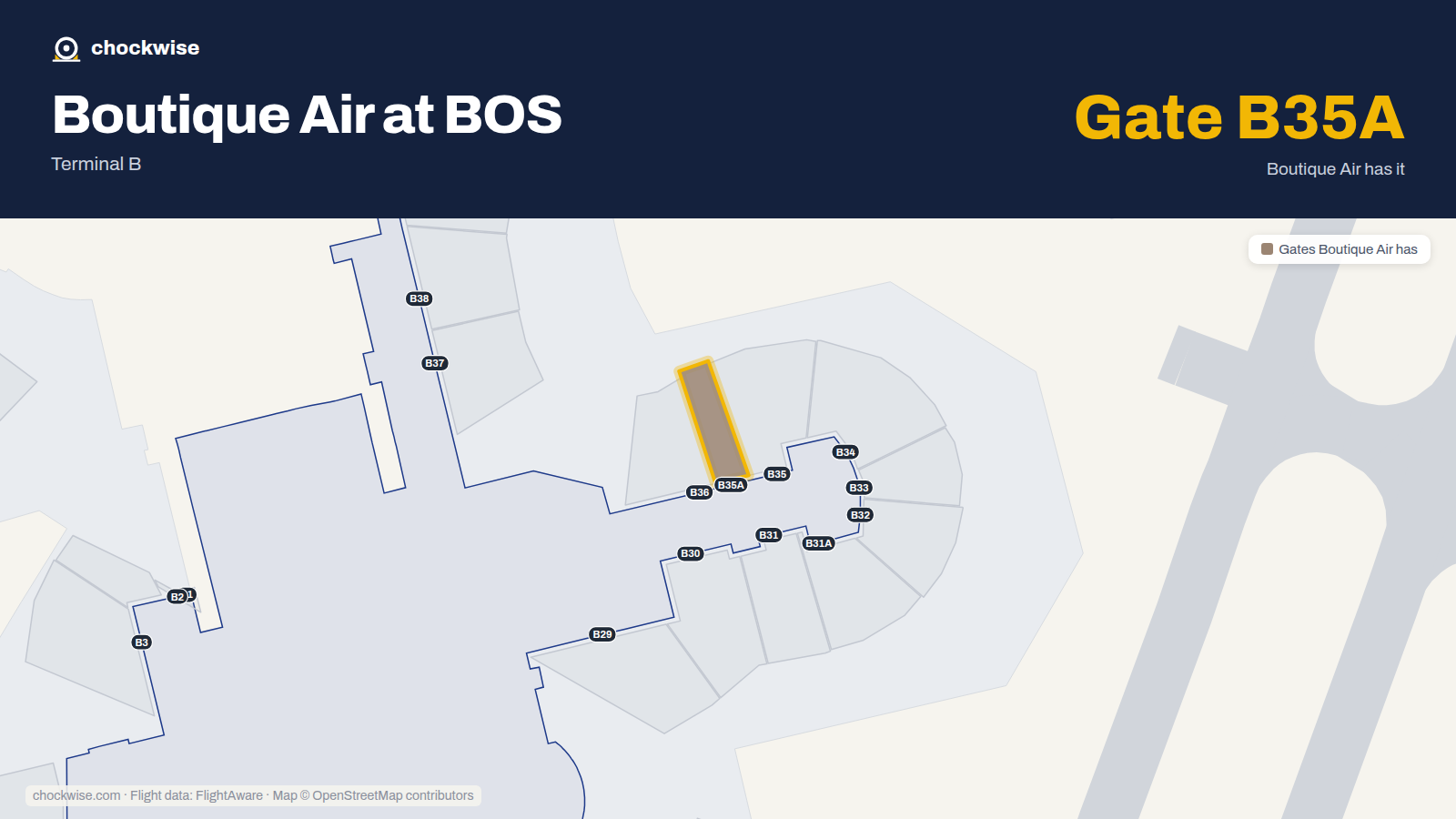Map of BOS with the gates Boutique Air uses highlighted: B35A.