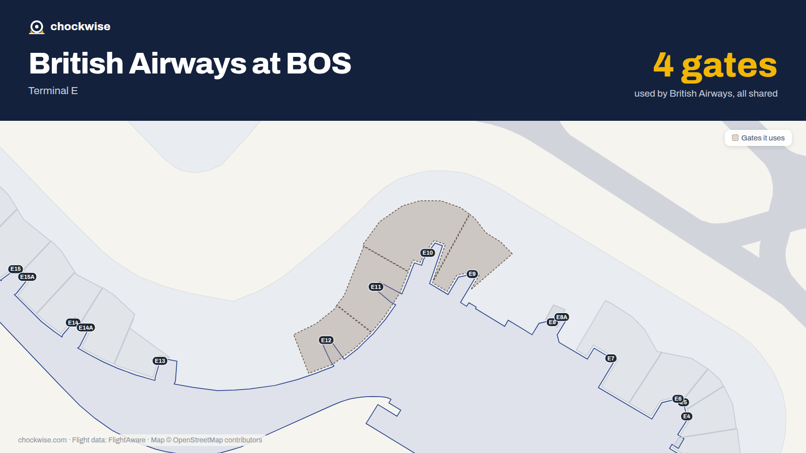 Map of BOS with the gates British Airways uses highlighted: E9, E10, E11 and E12.