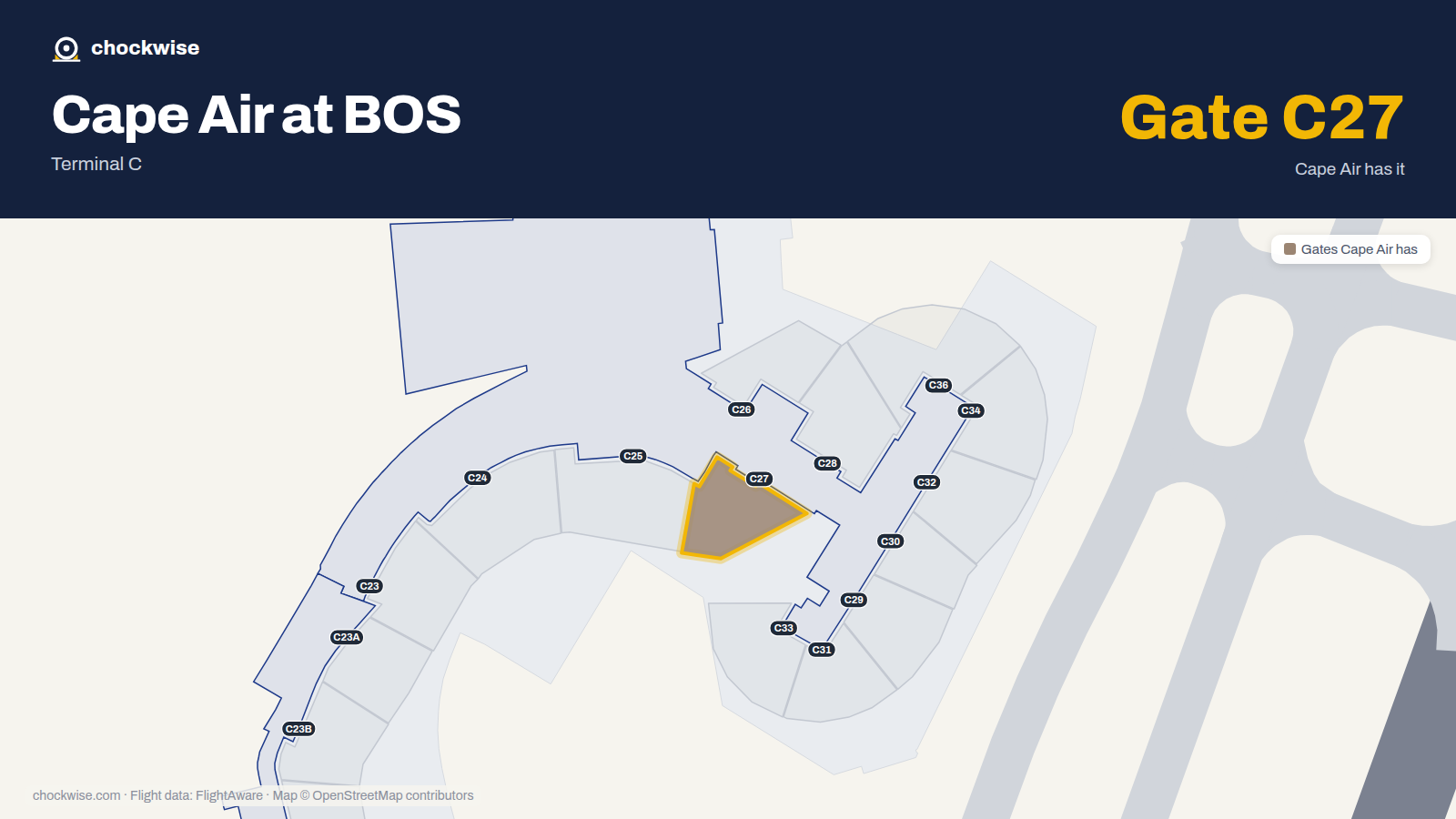 Map of BOS with the gates Cape Air uses highlighted: C27.