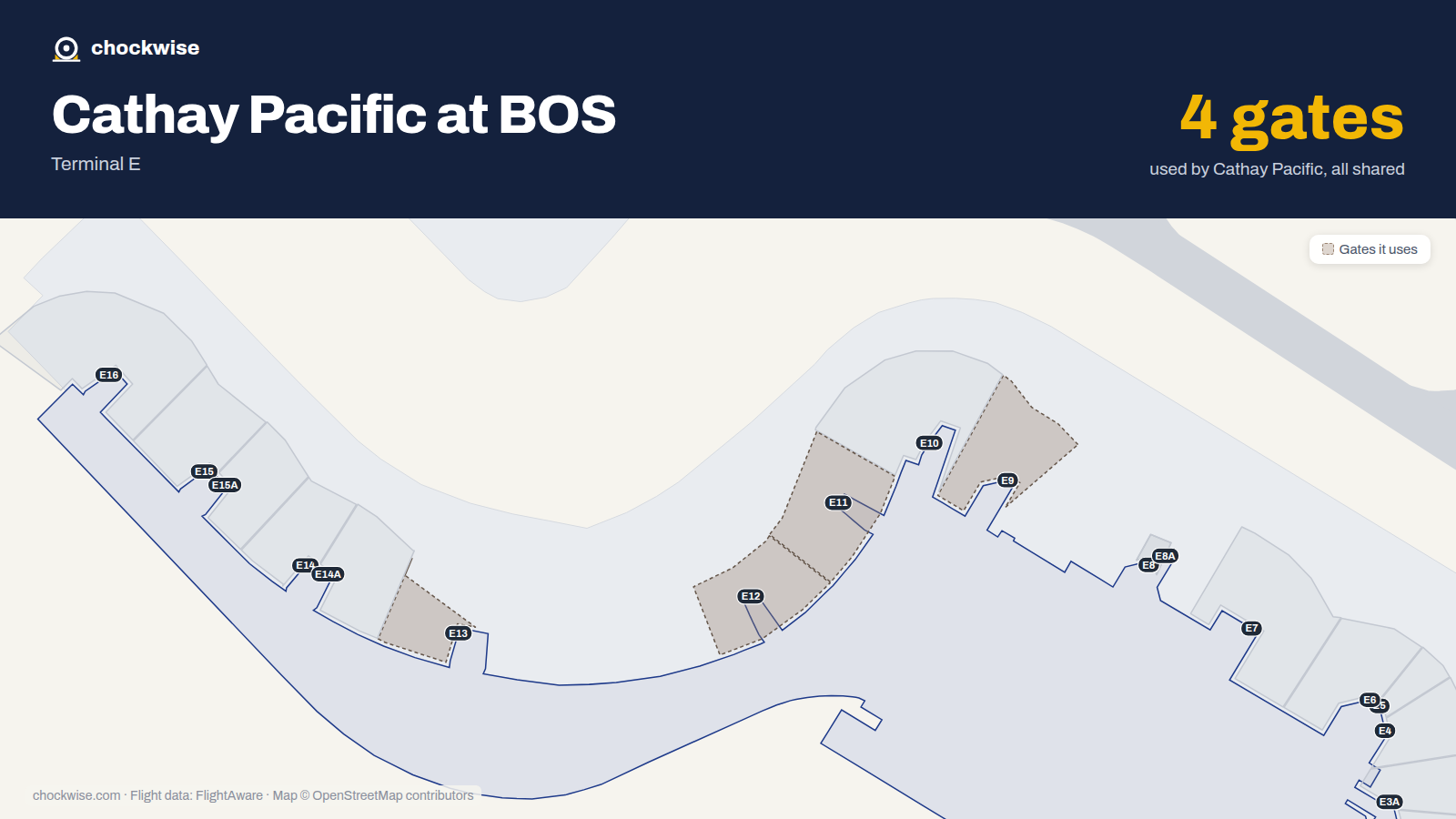 Map of BOS with the gates Cathay Pacific uses highlighted: E9, E11, E12 and E13.