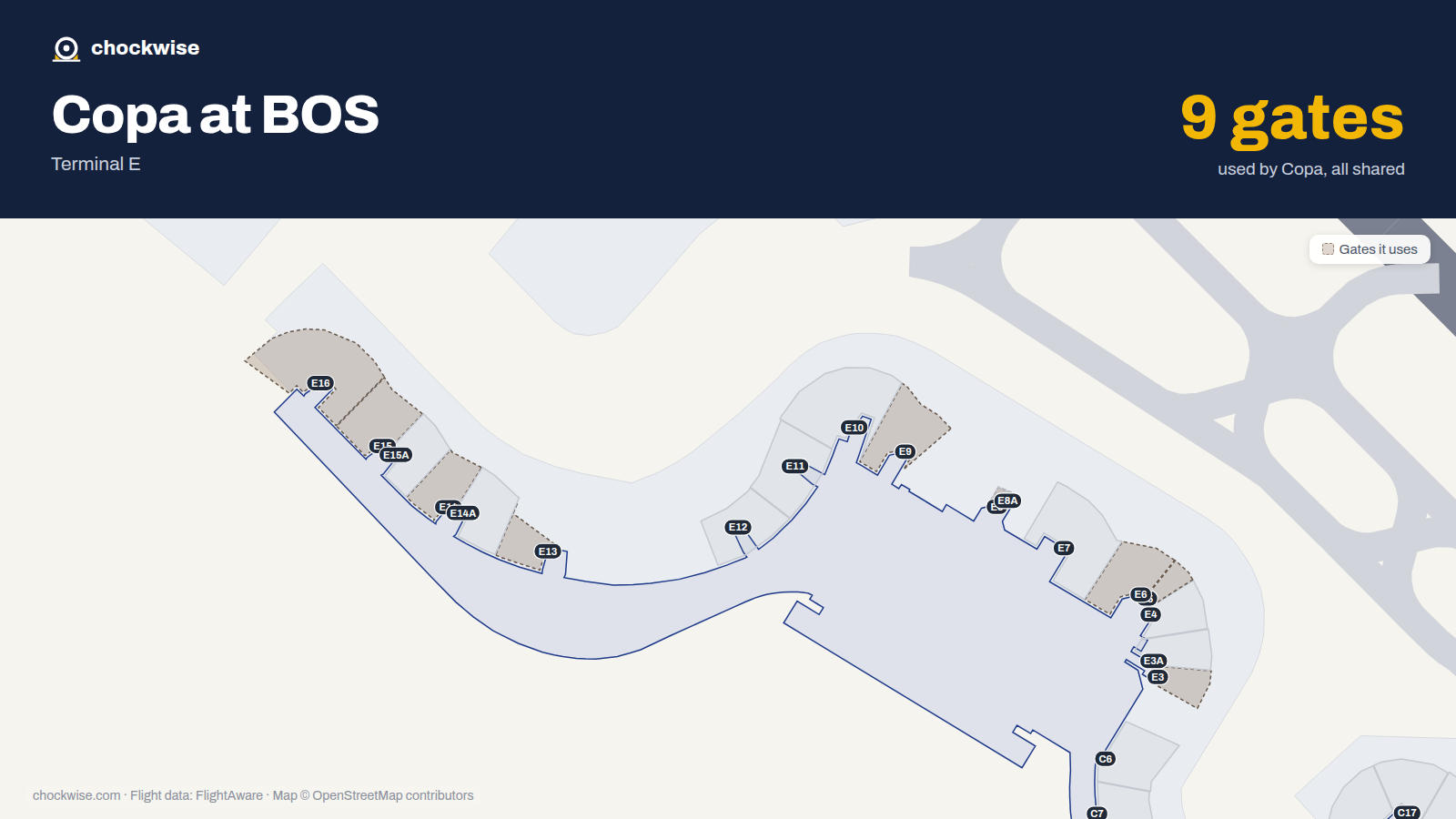 Map of BOS with the gates Copa Airlines uses highlighted: E3, E5, E6, E8, E9, E13, E14, E15 and 1 more.