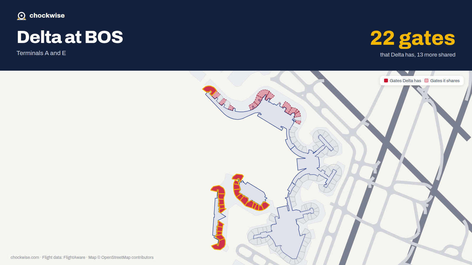 Map of BOS with the gates Delta Air Lines uses highlighted: A1, A2, A3, A4, A5, A6, A7, A8 and 14 more.
