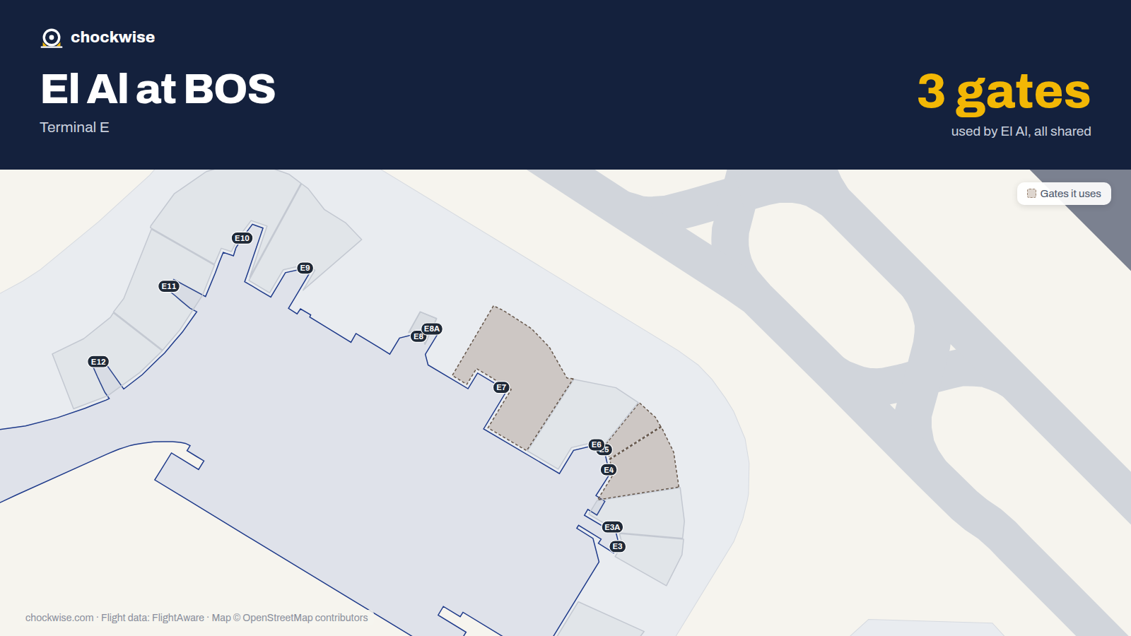 Map of BOS with the gates El Al uses highlighted: E4, E5 and E7.