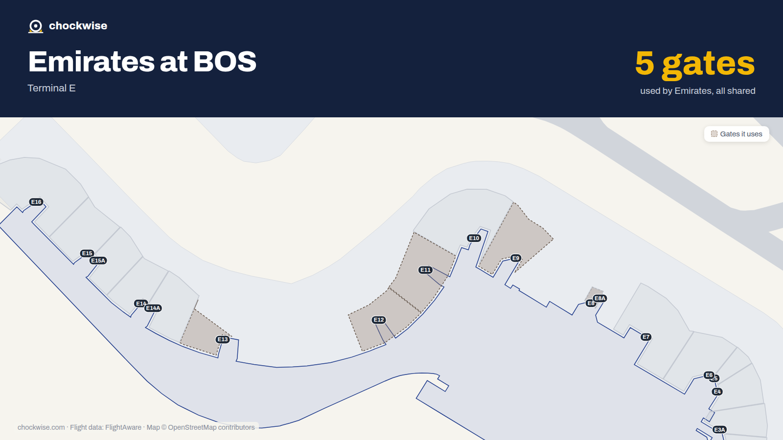 Map of BOS with the gates Emirates uses highlighted: E8, E9, E11, E12 and E13.