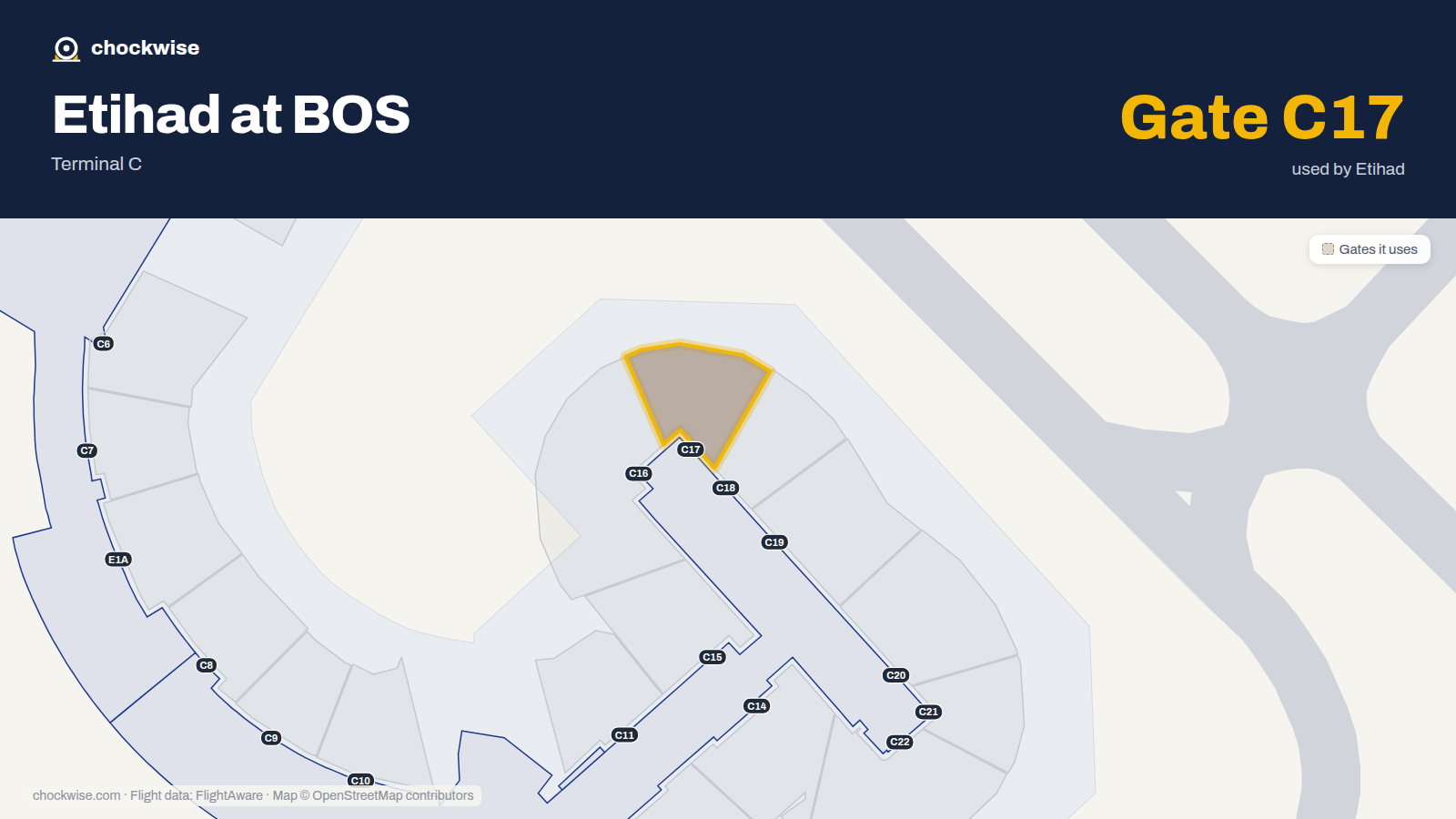 Map of BOS with the gates Etihad Airways uses highlighted: C17.