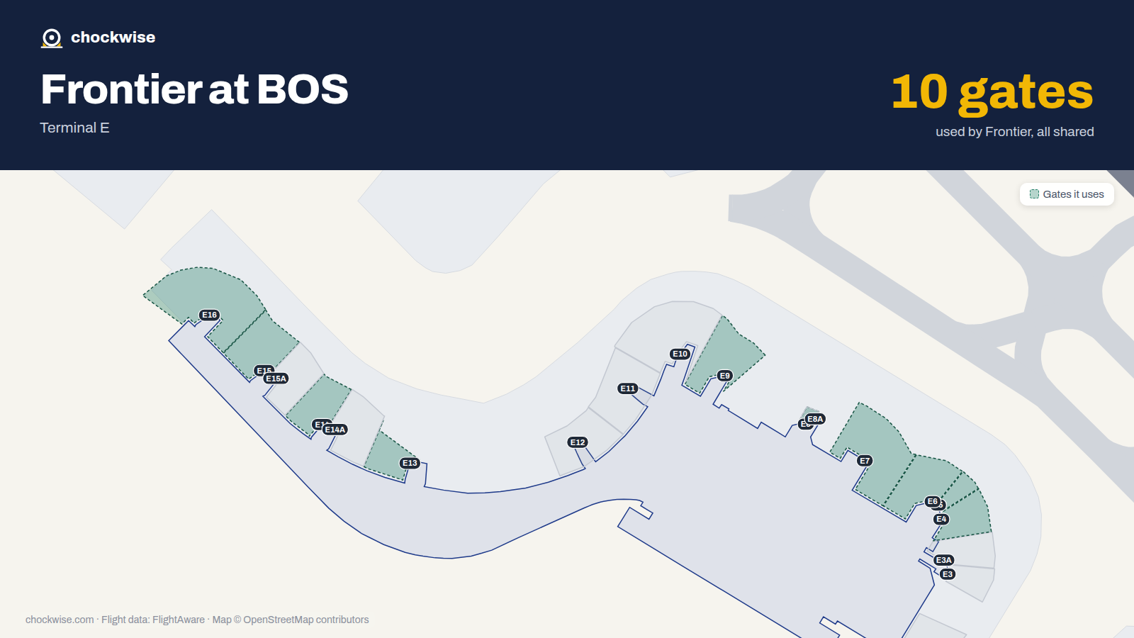 Map of BOS with the gates Frontier Airlines uses highlighted: E4, E5, E6, E7, E8, E9, E13, E14 and 3 more.