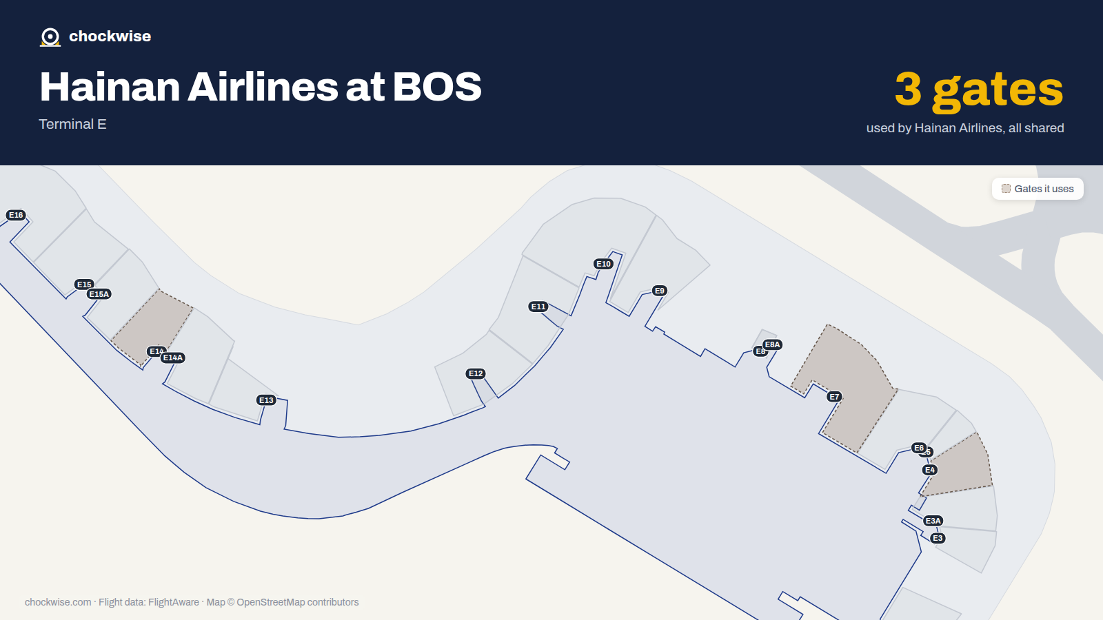 Map of BOS with the gates Hainan Airlines uses highlighted: E4, E7 and E14.