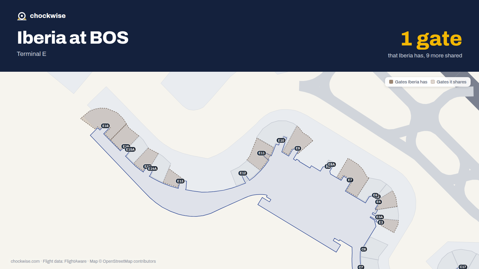 Map of BOS with the gates Iberia uses highlighted: 3, E3, 4, E4, E7, E9, E11, E13 and 3 more.