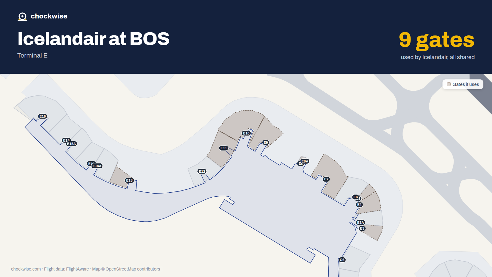 Map of BOS with the gates Icelandair uses highlighted: E3, E4, E5, E7, E8, E9, E10, E11 and 1 more.