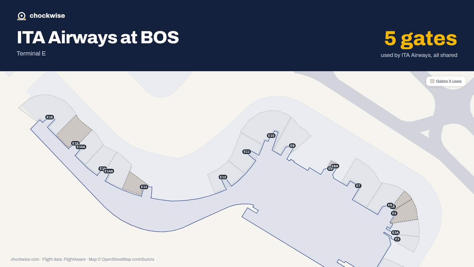 Map of BOS with the gates ITA Airways uses highlighted: E4, E5, E8, E13 and E15.
