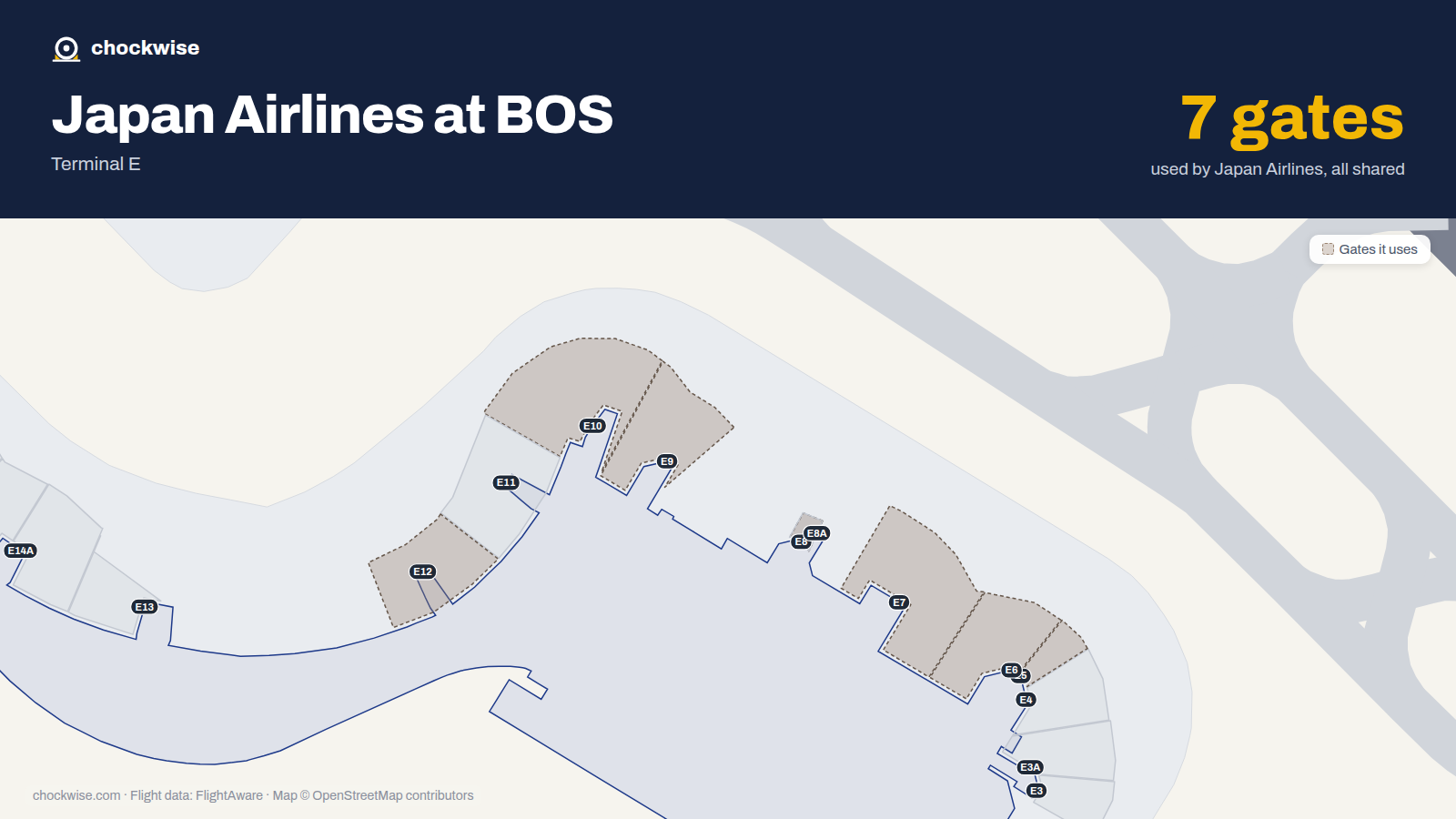 Map of BOS with the gates Japan Airlines uses highlighted: E5, E6, E7, E8, E9, E10 and E12.