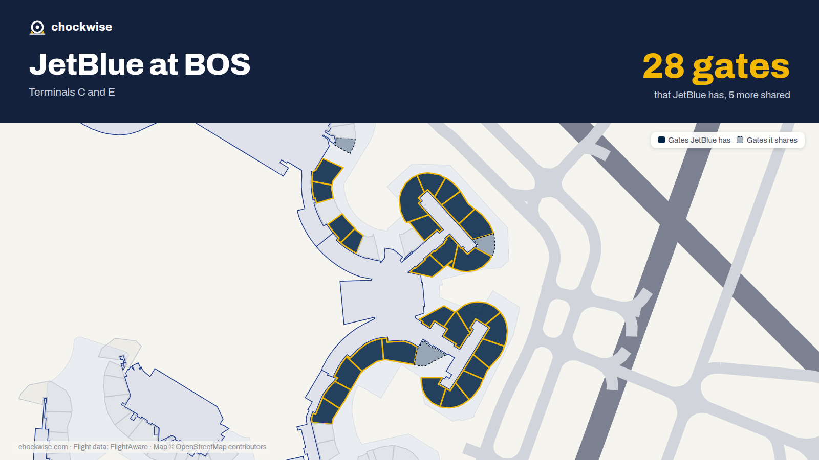 Map of BOS with the gates JetBlue uses highlighted: C6, C7, C8, C9, C12, C14, C15, C16 and 19 more.