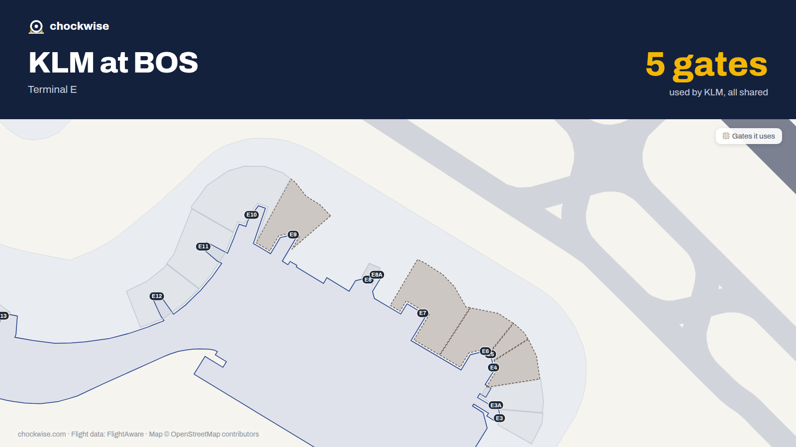 Map of BOS with the gates KLM uses highlighted: E4, E5, E6, E7 and E9.