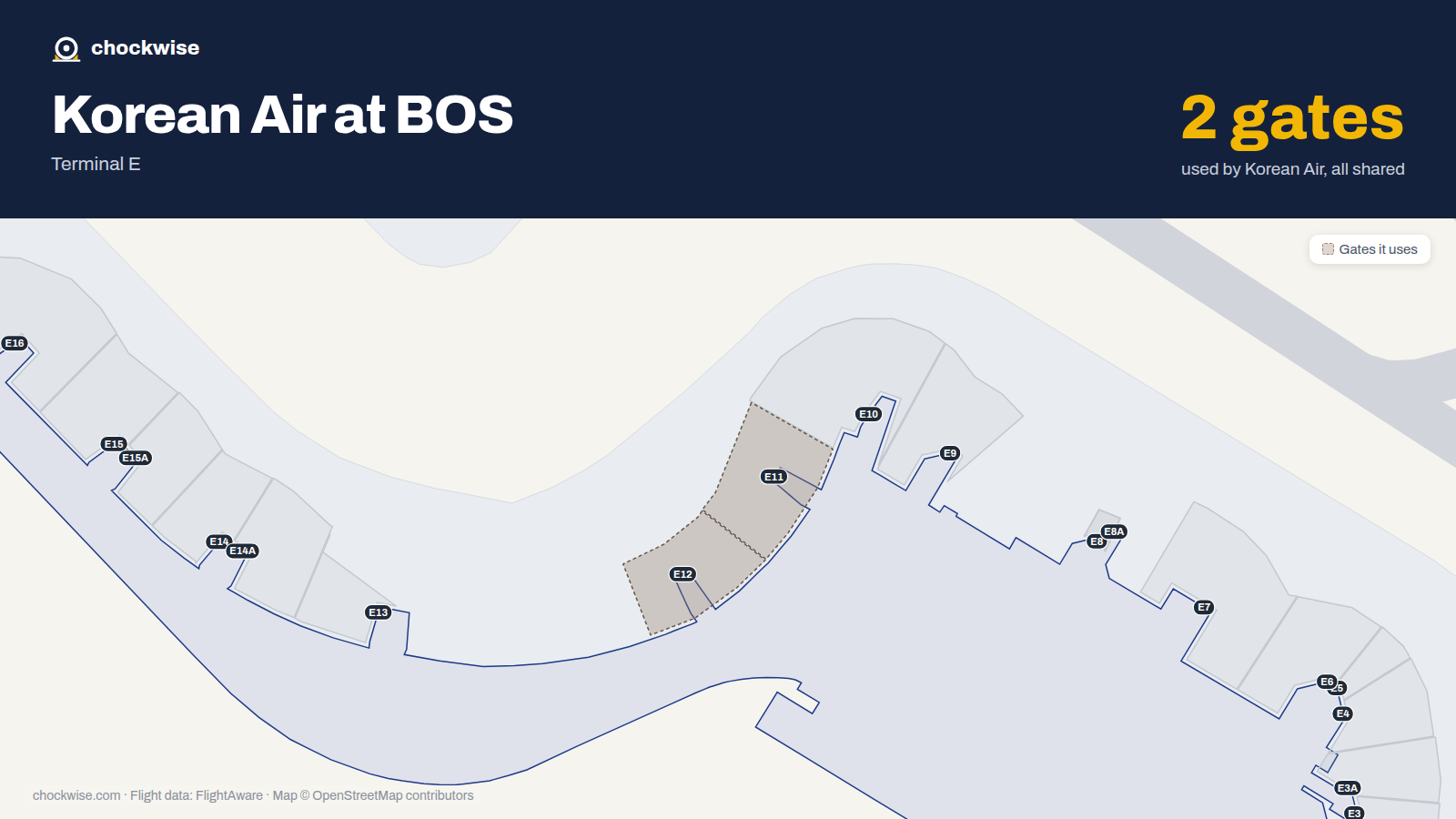 Map of BOS with the gates Korean Air uses highlighted: E11 and E12.