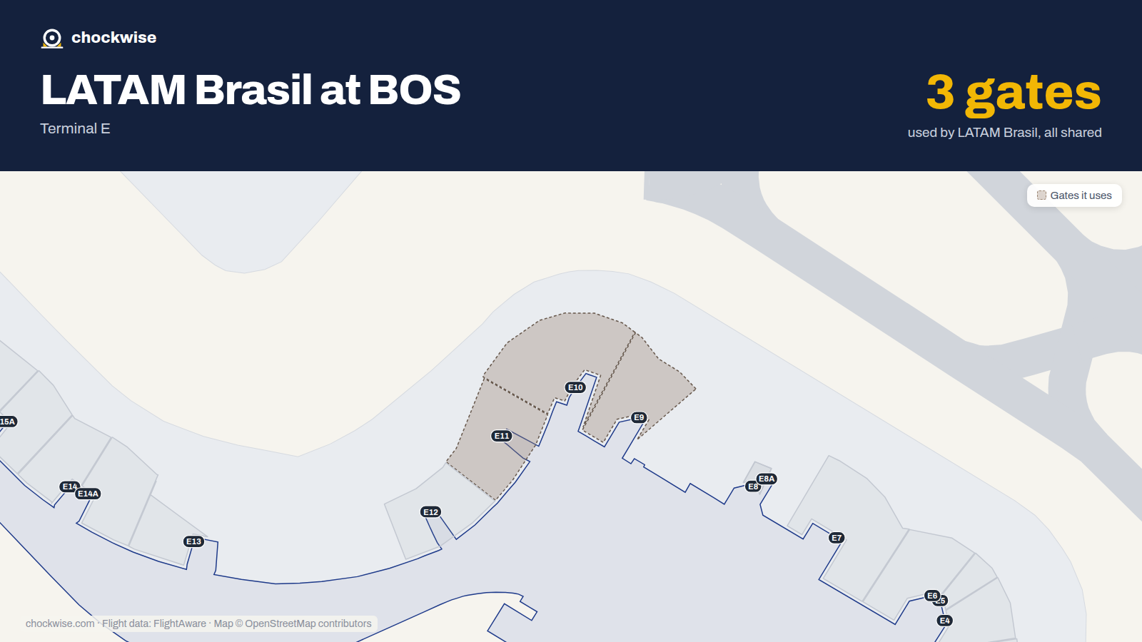 Map of BOS with the gates LATAM Brasil uses highlighted: E9, E10 and E11.