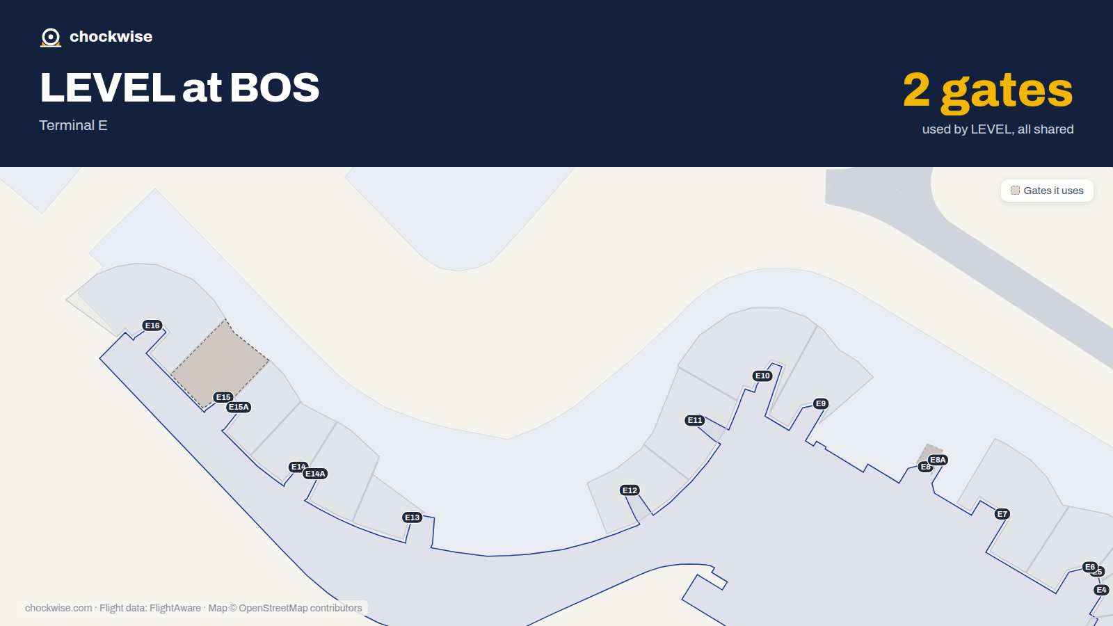 Map of BOS with the gates LEVEL uses highlighted: E8 and E15.