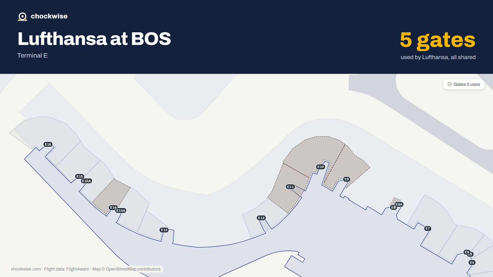 Map of BOS with the gates Lufthansa uses highlighted: E8, E9, E10, E11 and E14.