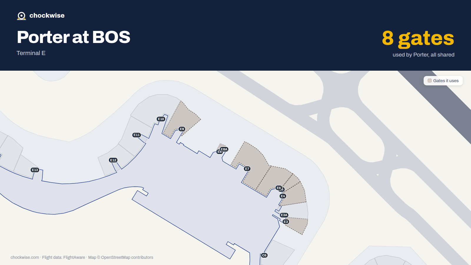 Map of BOS with the gates Porter Airlines uses highlighted: E1A, E3, E4, E5, E6, E7, E8 and E9.