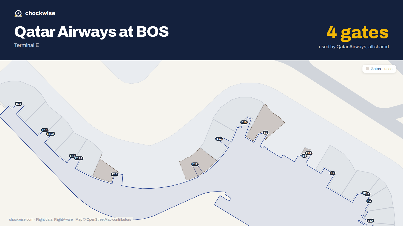 Map of BOS with the gates Qatar Airways uses highlighted: E8, E9, E12 and E13.