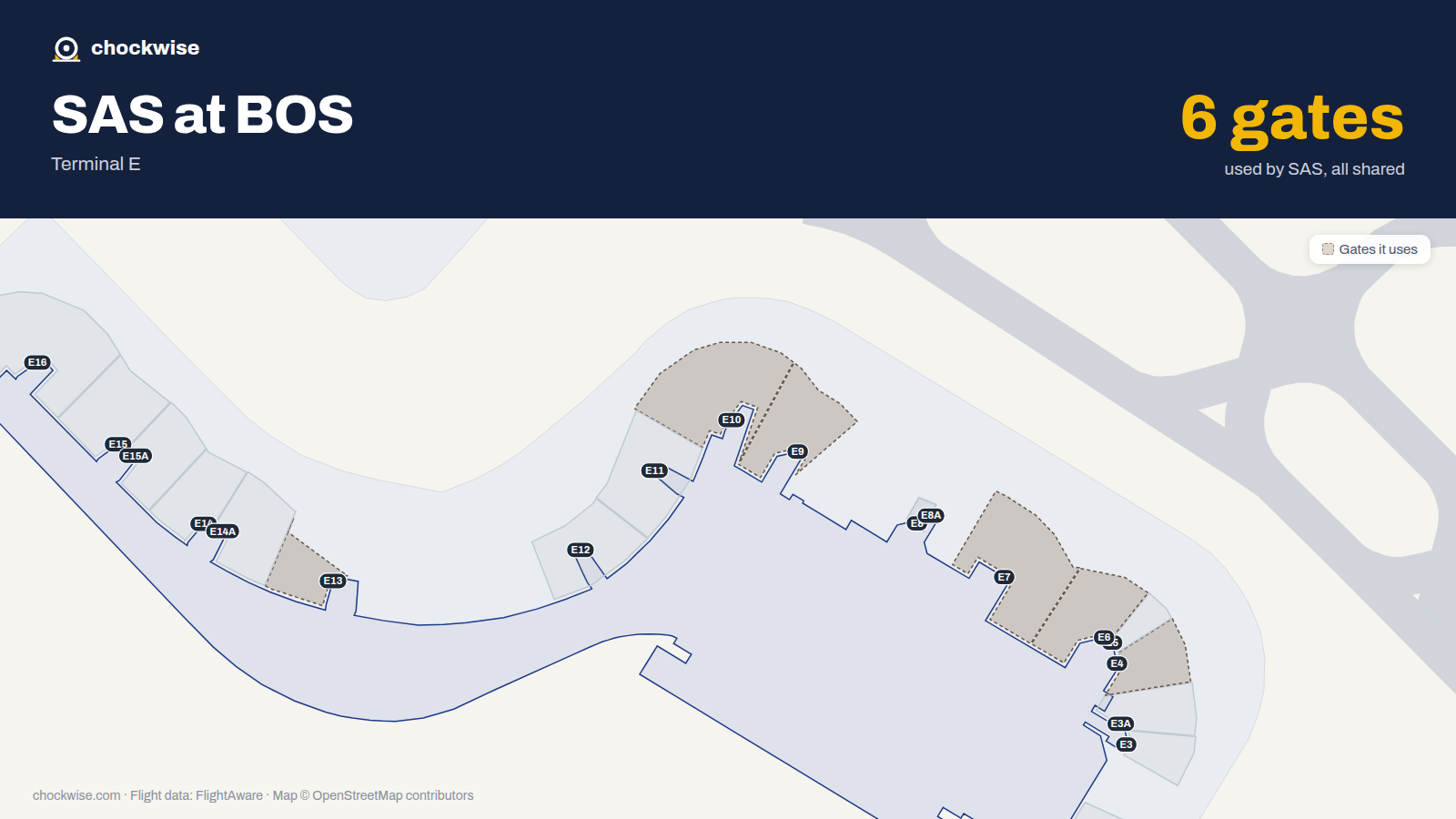 Map of BOS with the gates SAS Scandinavian Airlines uses highlighted: E4, E6, E7, E9, E10 and E13.