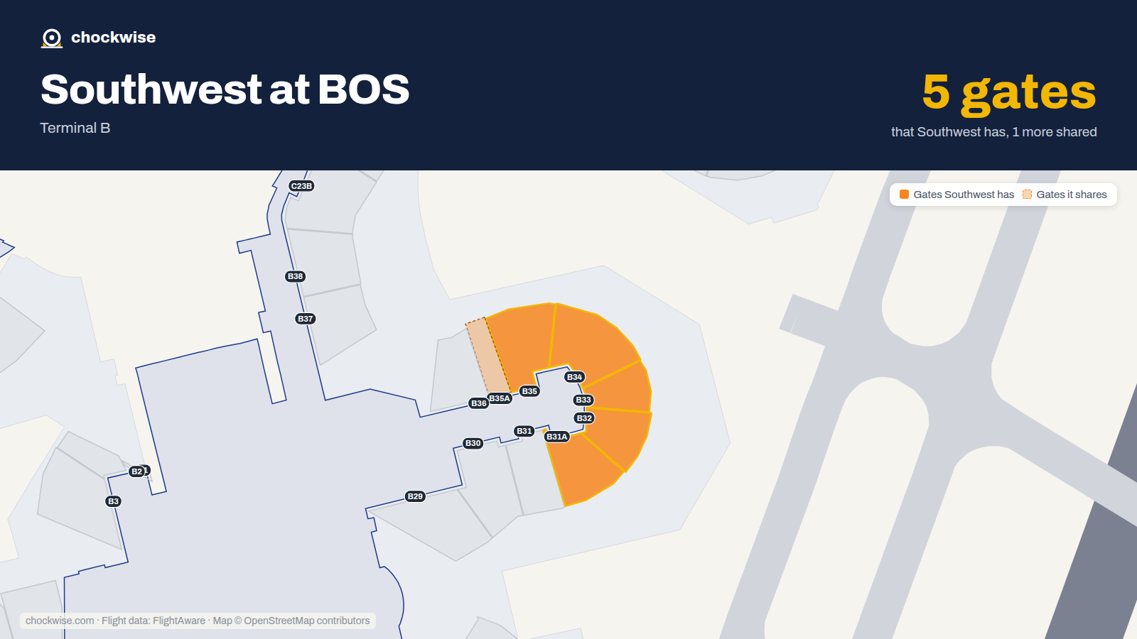Map of BOS with the gates Southwest Airlines uses highlighted: B31A, B32, B33, B34 and B35.