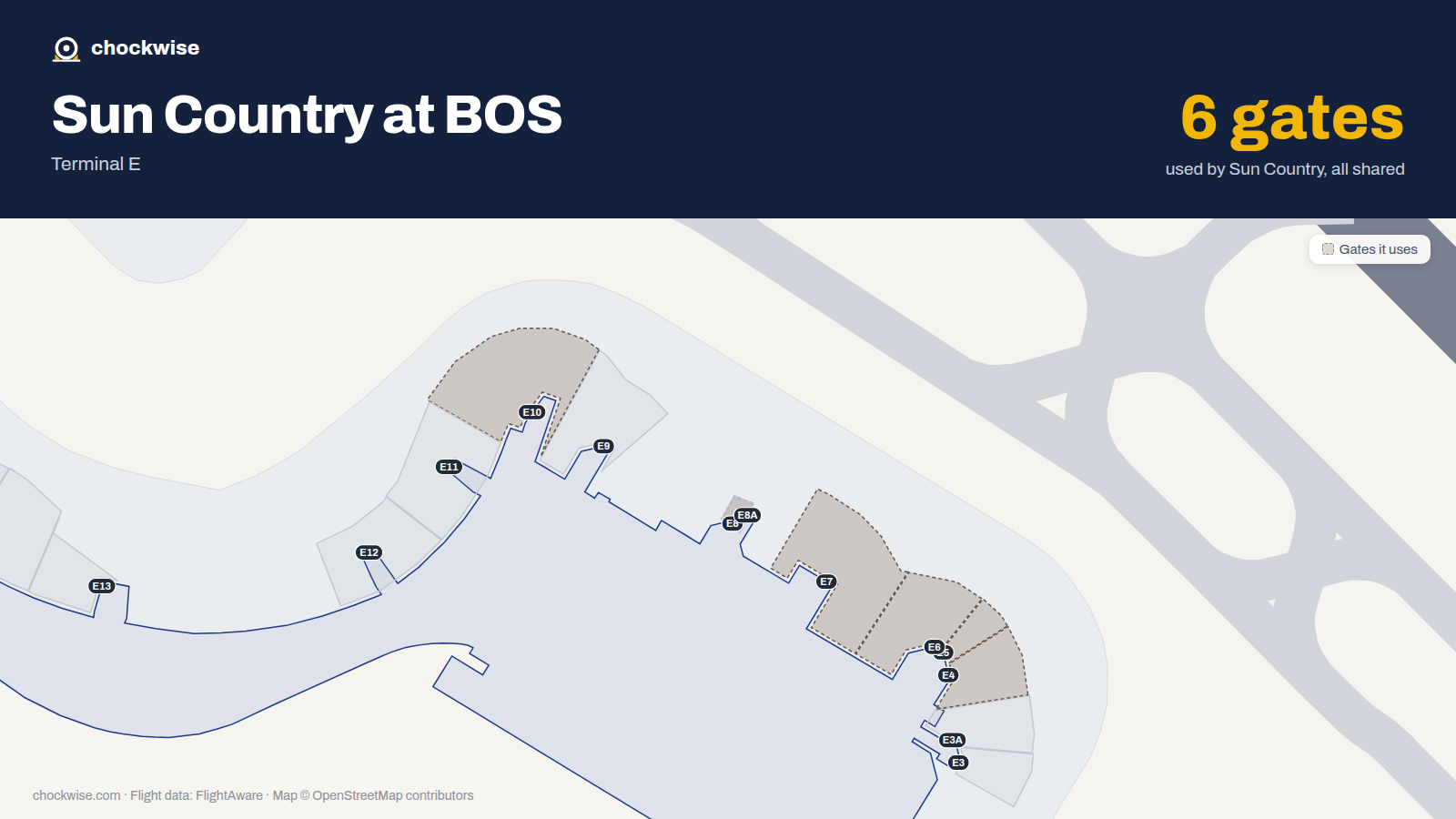 Map of BOS with the gates Sun Country Airlines uses highlighted: E4, E5, E6, E7, E8 and E10.