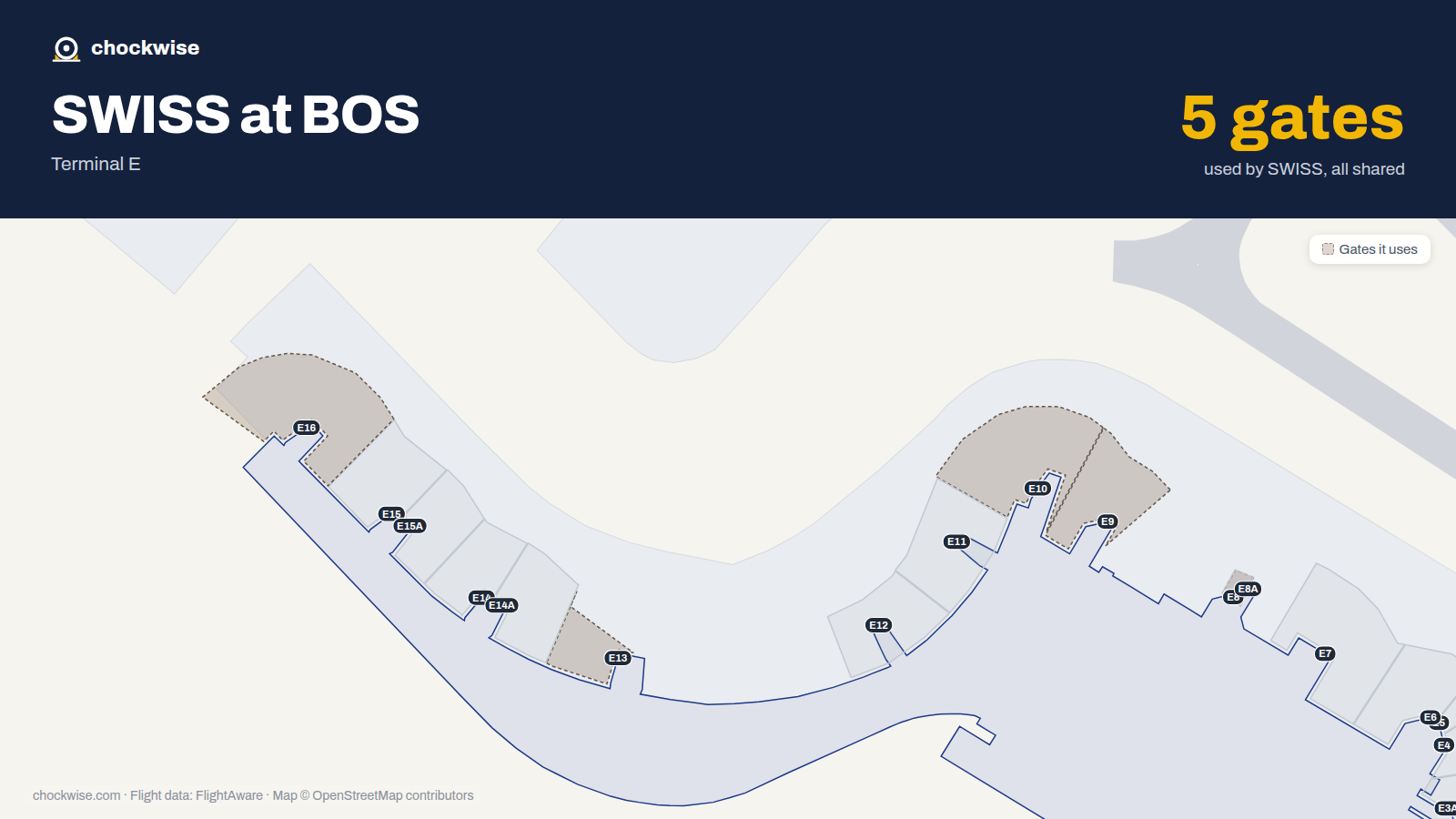 Map of BOS with the gates SWISS uses highlighted: E8, E9, E10, E13 and E16.