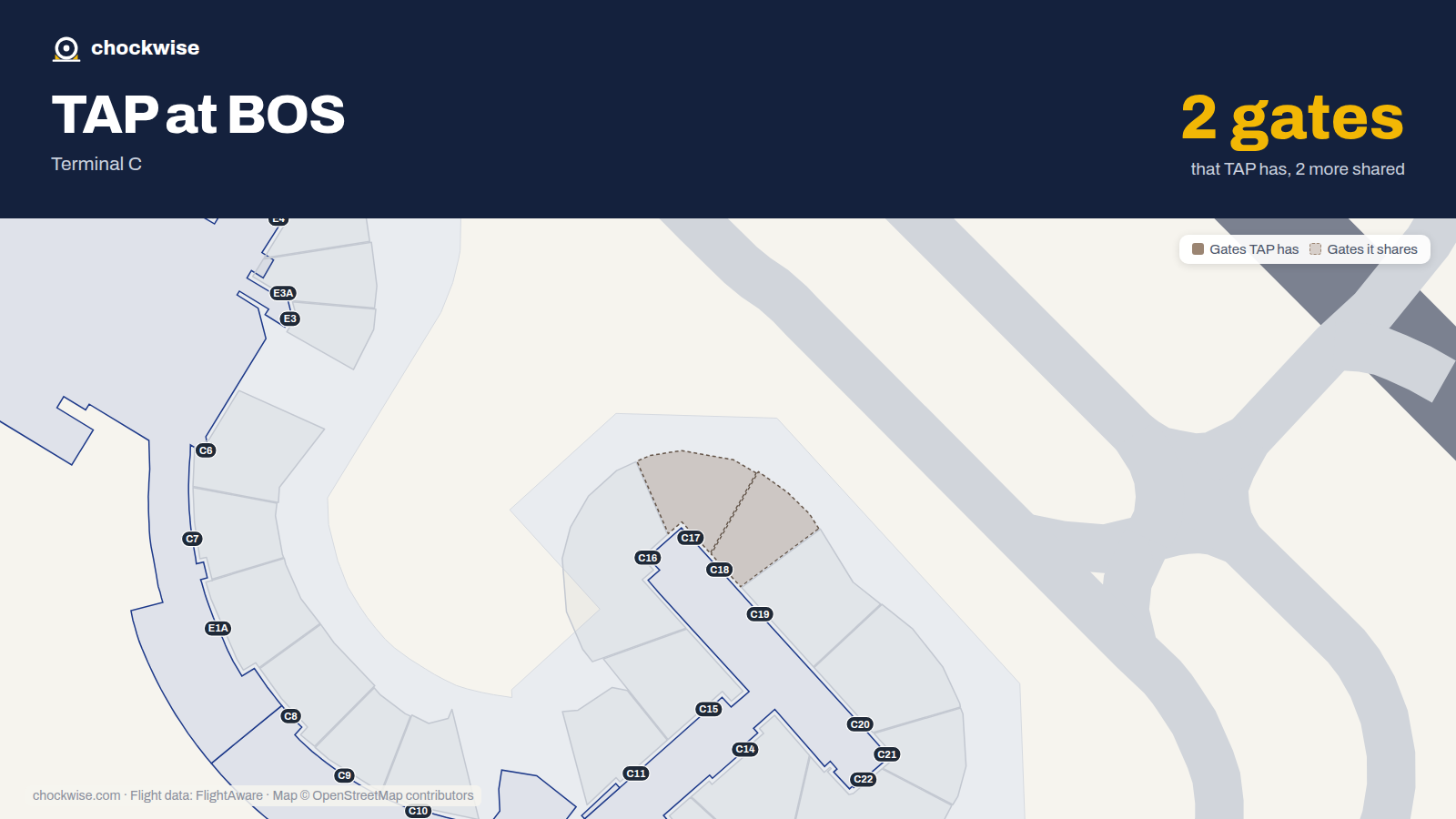 Map of BOS with the gates TAP Air Portugal uses highlighted: 10, C17, C18, 41, 41A, 42A, 46A, 47 and 1 more.