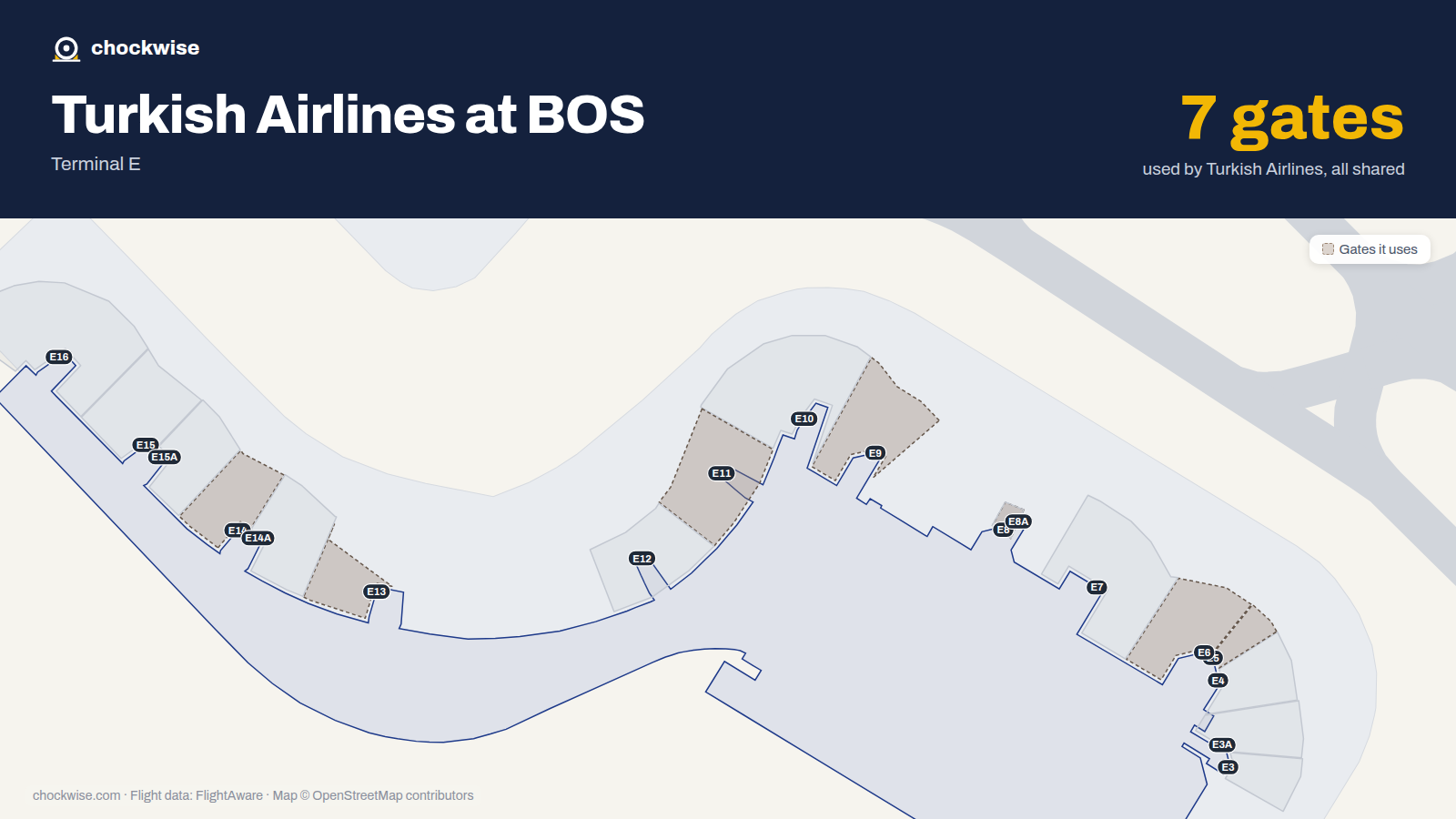 Map of BOS with the gates Turkish Airlines uses highlighted: E5, E6, E8, E9, E11, E13 and E14.