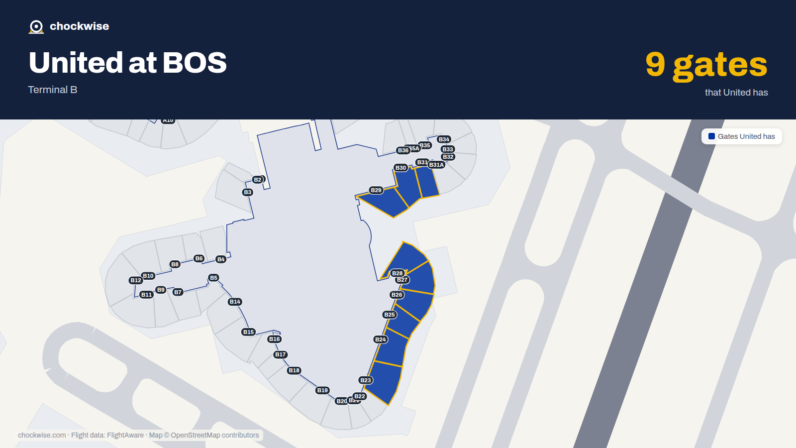 Map of BOS with the gates United Airlines uses highlighted: B23, B24, B25, B26, B27, B28, B29, B30 and 1 more.