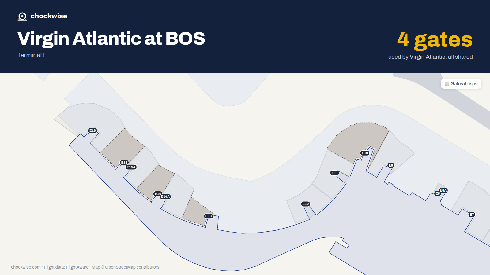 Map of BOS with the gates Virgin Atlantic uses highlighted: E10, E13, E14 and E15.