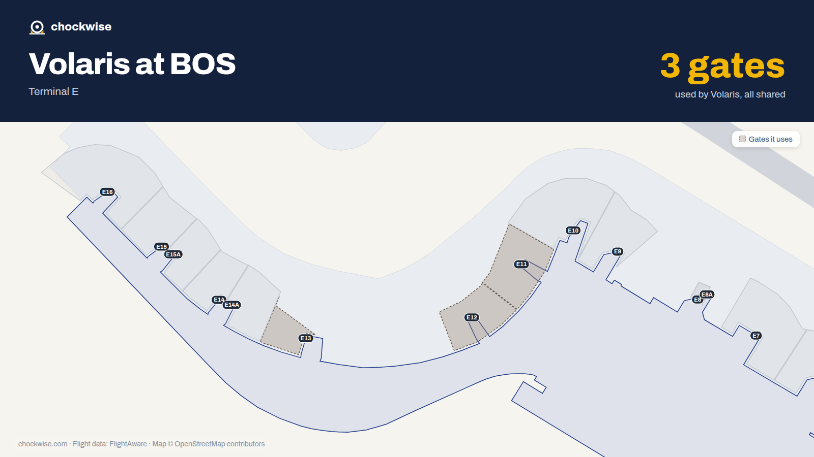 Map of BOS with the gates Volaris uses highlighted: E11, E12 and E13.