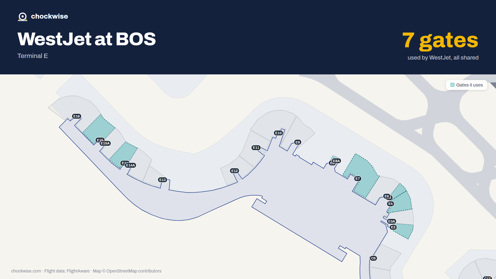 Map of BOS with the gates WestJet uses highlighted: E3, E4, E5, E7, E8, E14 and E15.