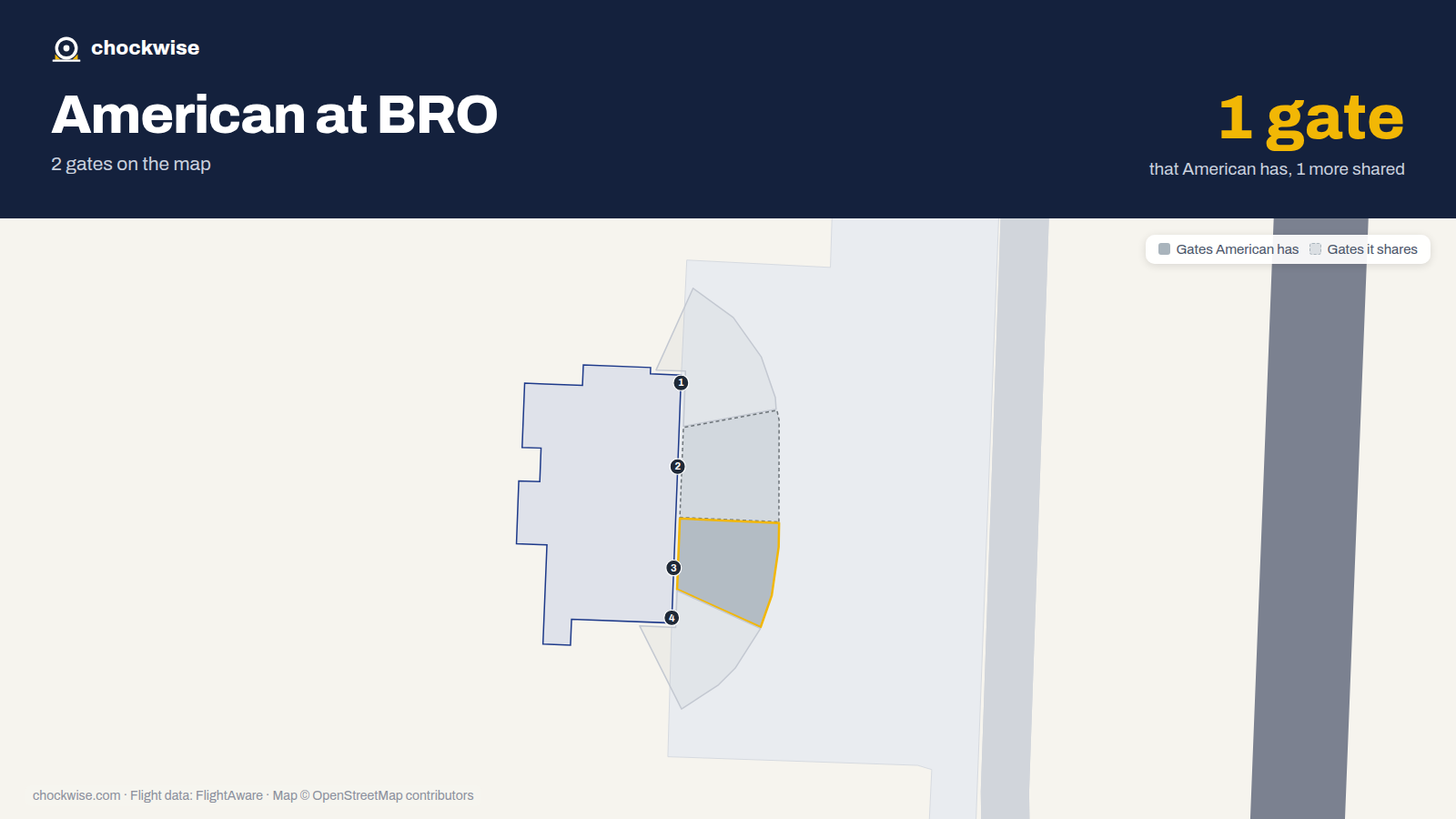 Map of BRO with the gates American Airlines uses highlighted: 3.
