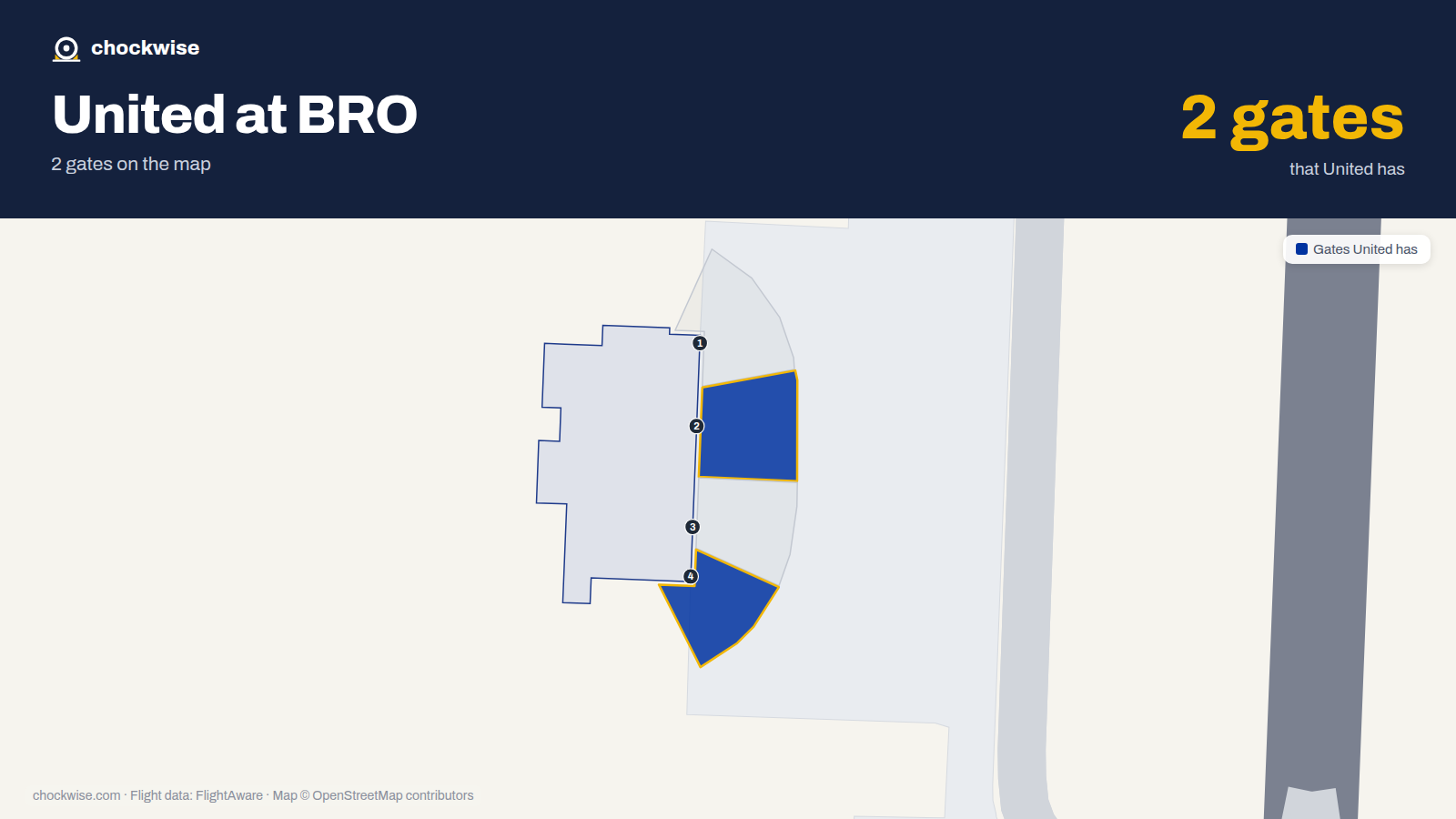 Map of BRO with the gates United Airlines uses highlighted: 2 and 4.