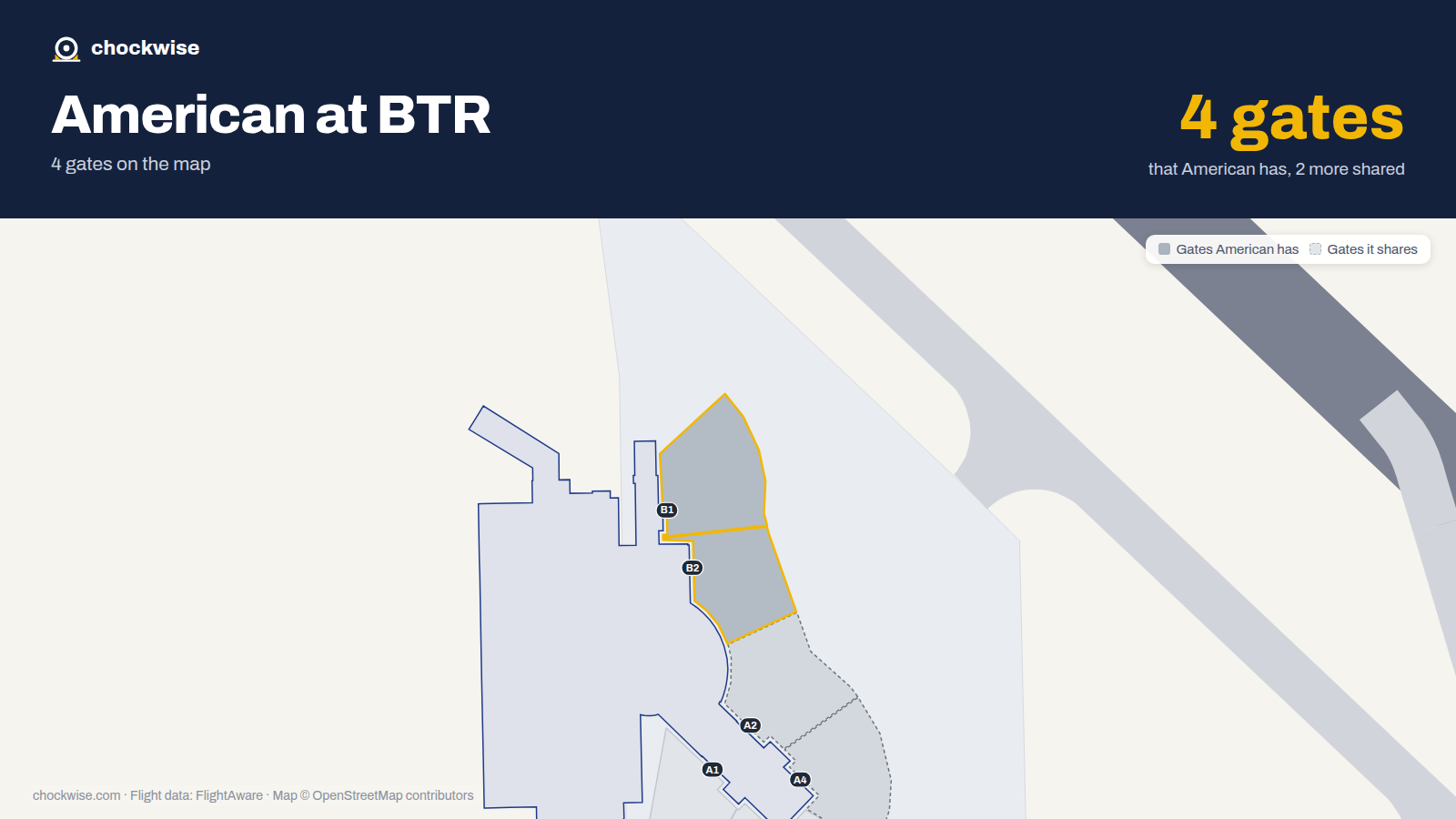 Map of BTR with the gates American Airlines uses highlighted: B1 and B2.