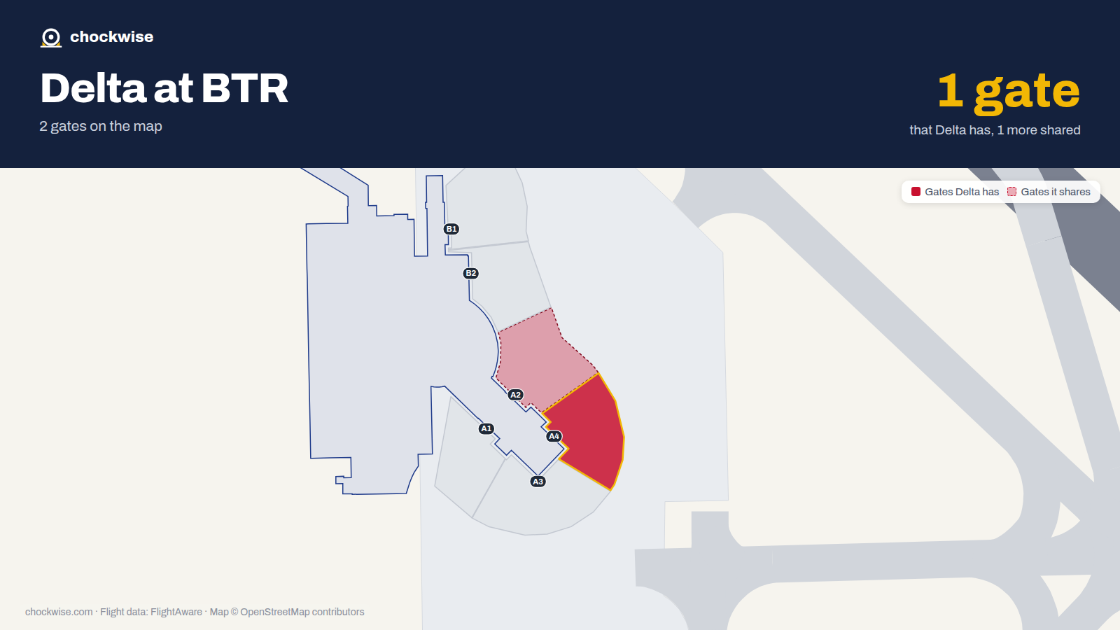 Map of BTR with the gates Delta Air Lines uses highlighted: A4.