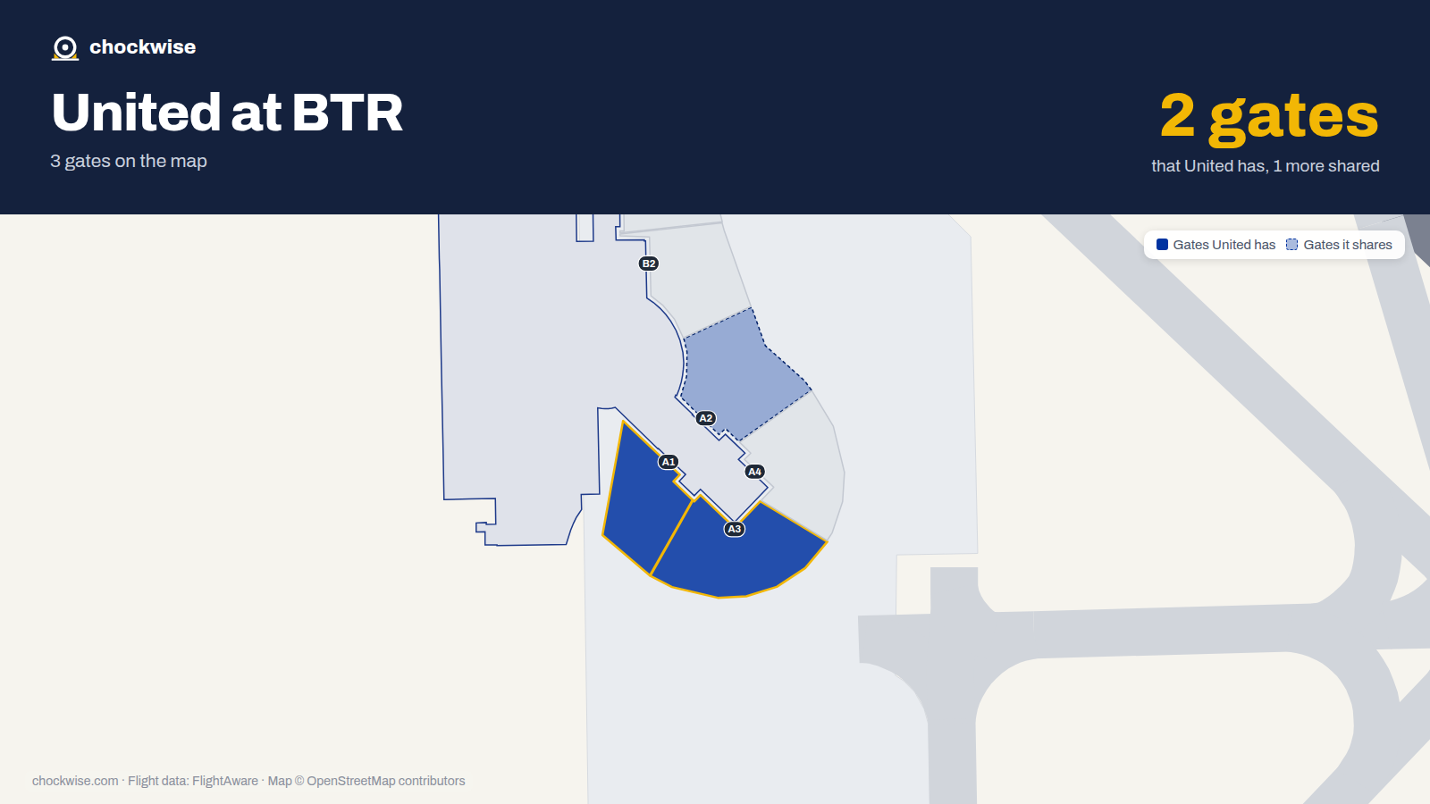 Map of BTR with the gates United Airlines uses highlighted: A1 and A3.
