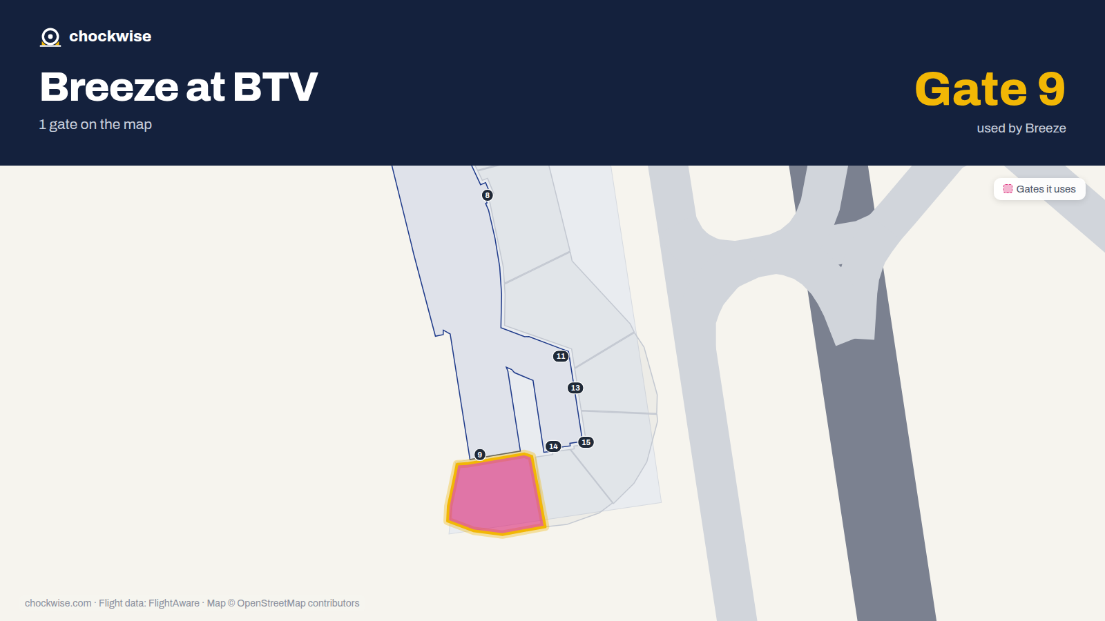 Map of BTV with the gates Breeze Airways uses highlighted: 9.