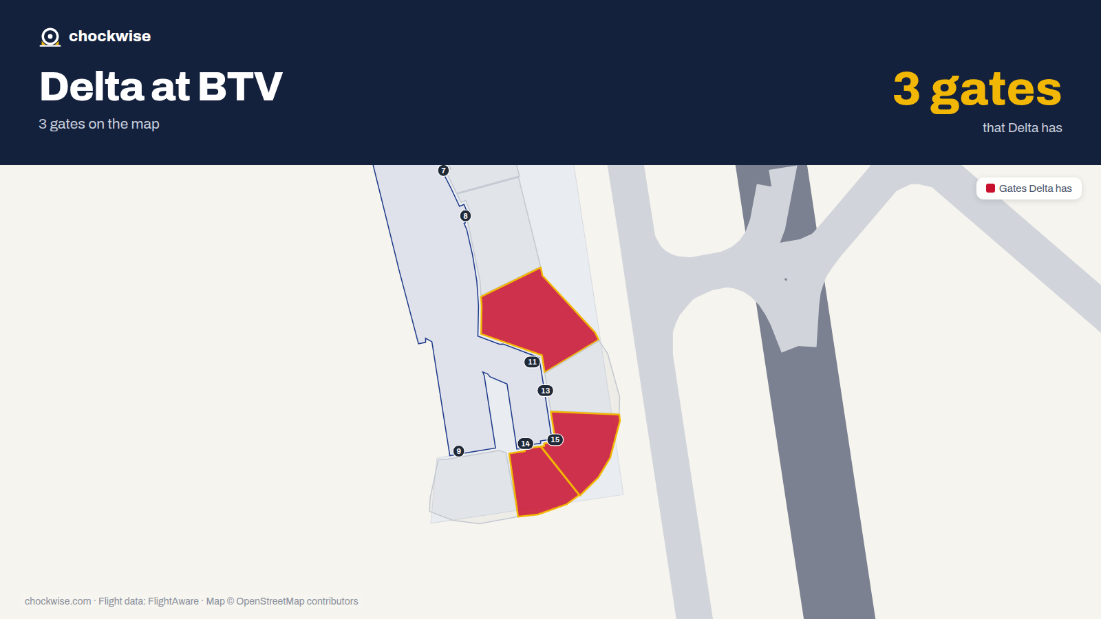 Map of BTV with the gates Delta Air Lines uses highlighted: 11, 14 and 15.